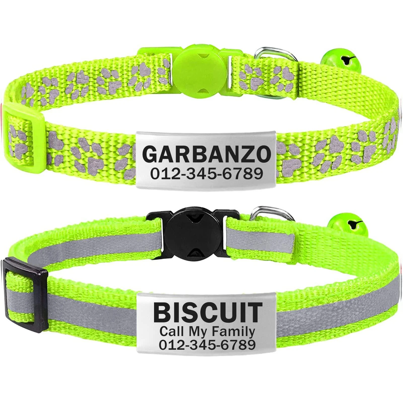 TagME 2 Pack Personalized Reflective Cat Collars Breakaway with Bell, Adjustable Pet Collars for Boy & Girl Cats Kitten Standard 7-12" Green