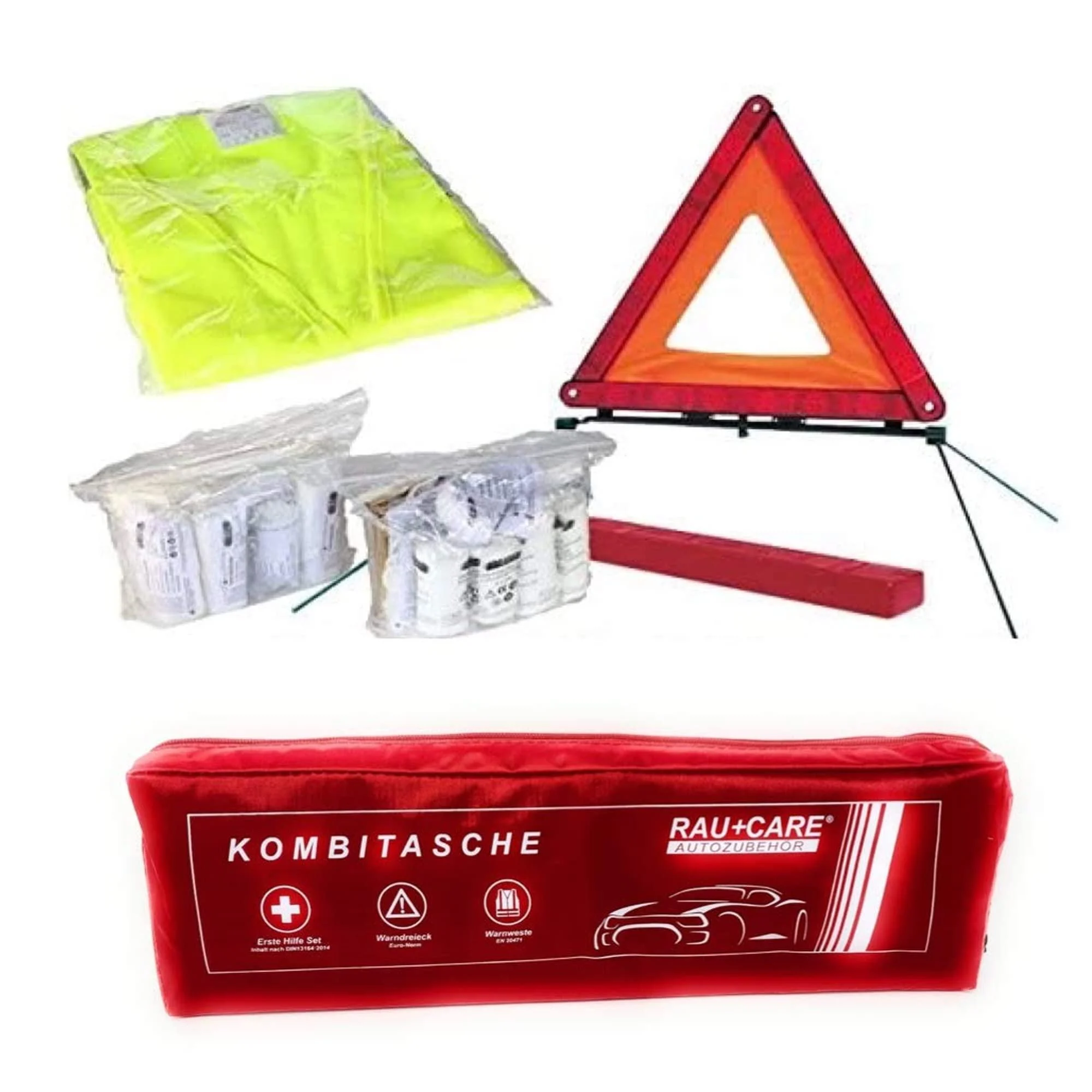 Car car kit 2024 Warning triangle Warning vest first aid combination pocket red first aid according to DIN 13164 + warning triangle ECE + warning vest en en - Rau