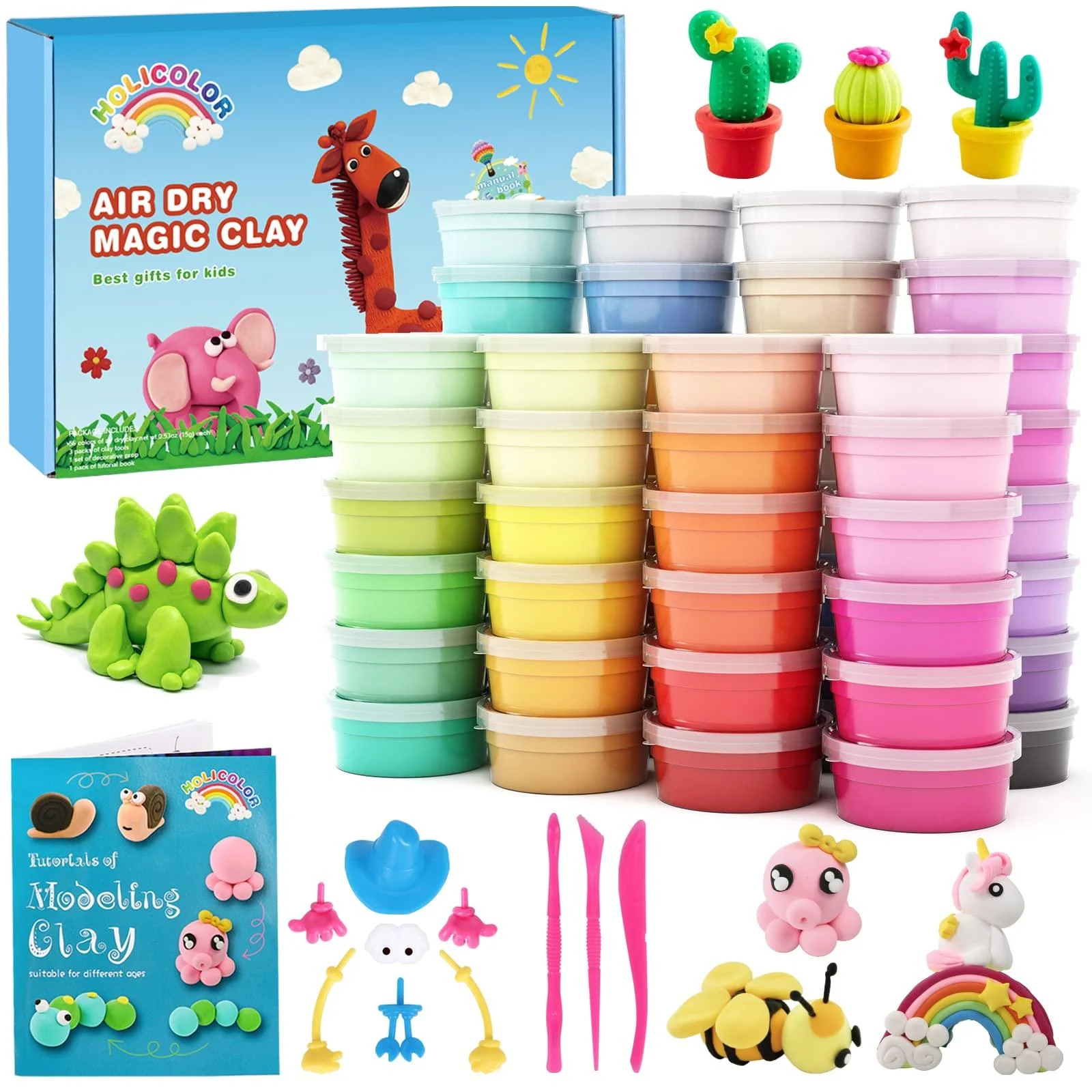 HOLICOLOR 56 Colors Air Dry Clay Modeling Clay Kit Soft and Stretchy Magic Clay in Cups with Sculpting Tools Accessories Best Gift Art Crafts Halloween Christmas