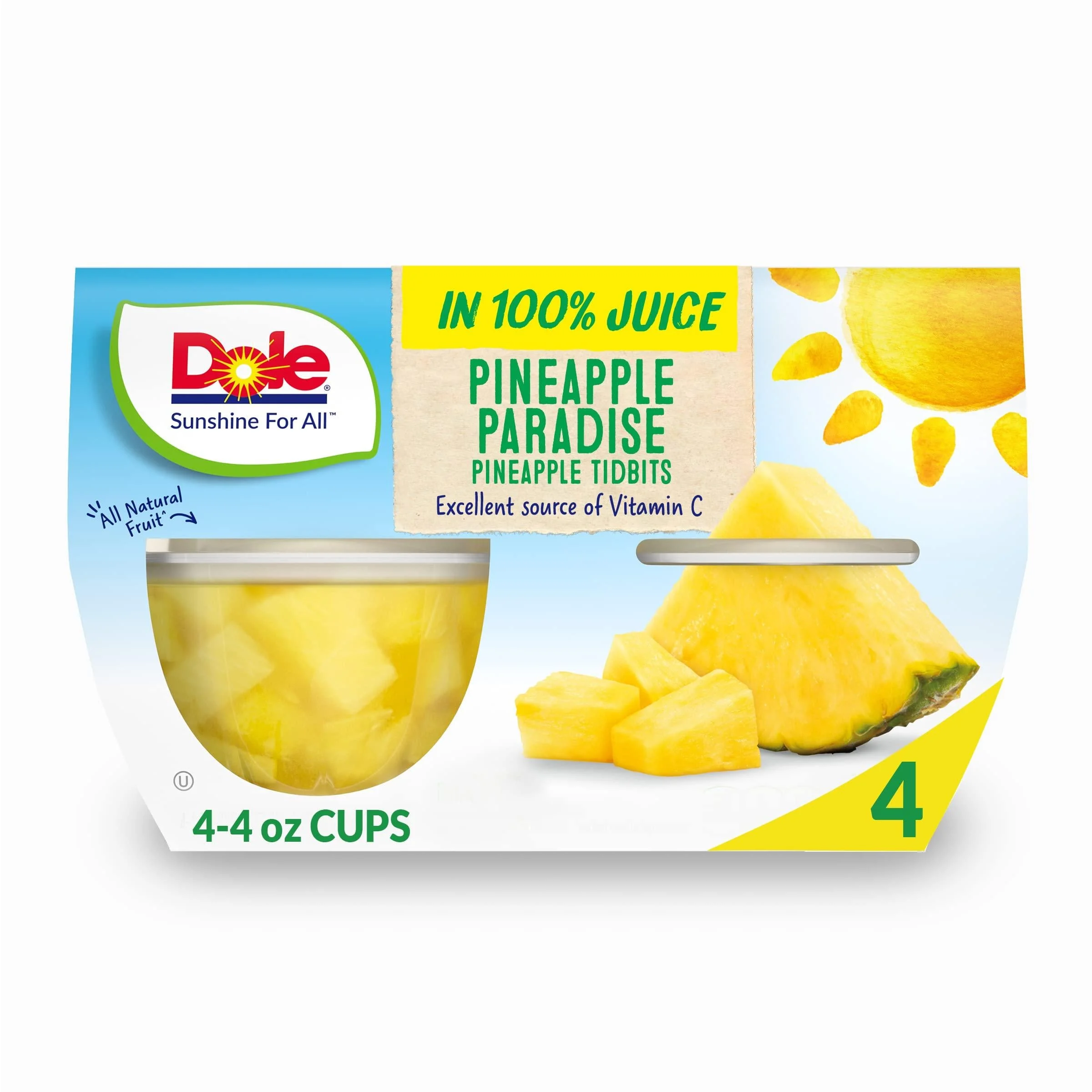 Dole Fruit Bowls Pineapple Tidbits in 100% Juice, Gluten Free Healthy Snack, 4 Oz, 4 Cups