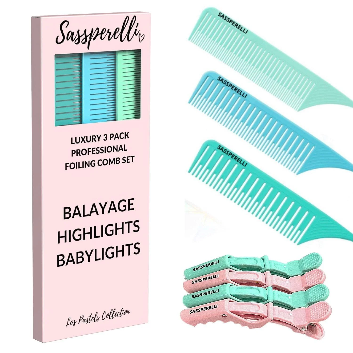 Sassperelli 3 Pack Highlighting Combs with Pastel Premium Alligator Clips. Perfect for Highlights, Foils & Balayage.