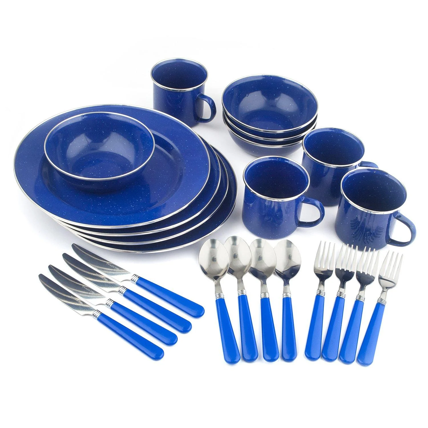 STANSPORT - Deluxe 24-Piece Enamel Tableware Set: Plates, Bowls, Mugs & Utensils Blue