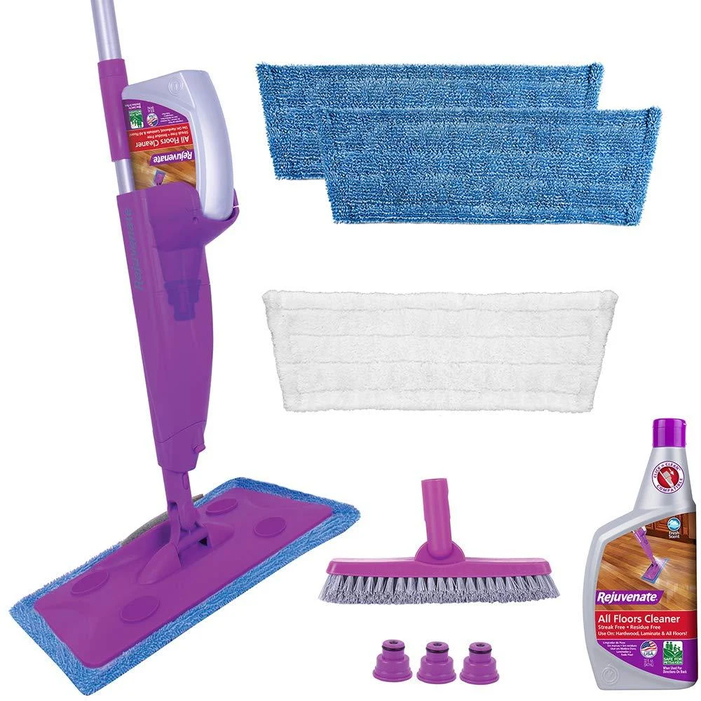 Rejuvenate Click N Clean Multi-Surface Spray Mop Kit, Complete Bundle with Grout Brush, Reusable Microfiber Pads and All Floors Cleaner