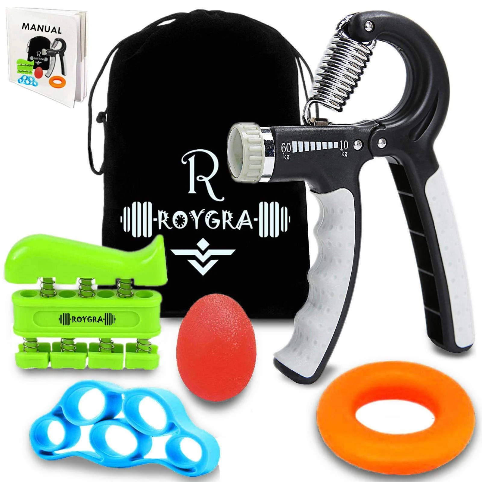 roygra Grip Strength Trainer, Forearm Workout, Hand & Finger Exerciser - 5 Pack