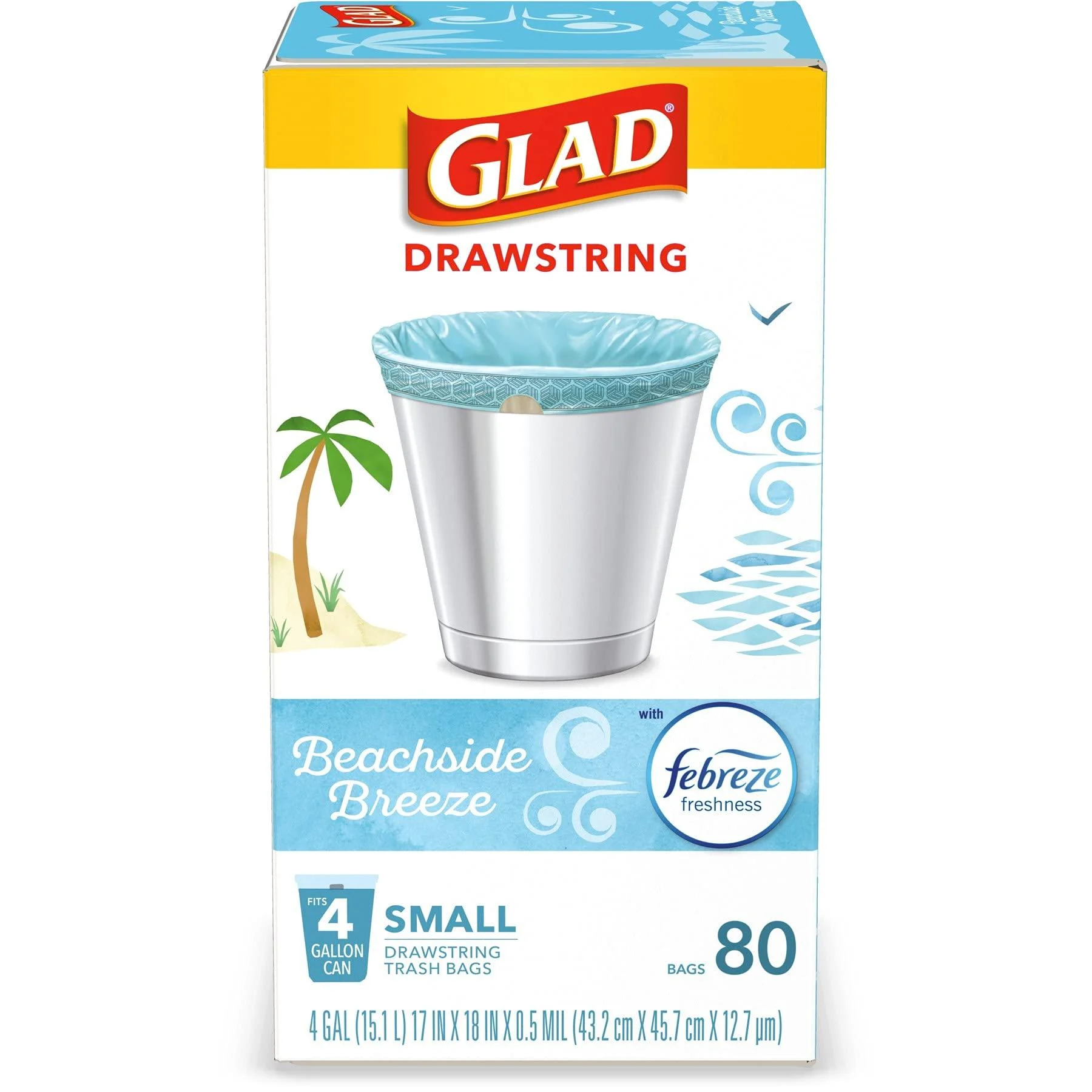 Glad Small Kitchen Drawstring Trash Bags 4 Gallon Green Trash Bag, Febreze Beachside Breeze, 80 Count (Package May Vary) Multicolor