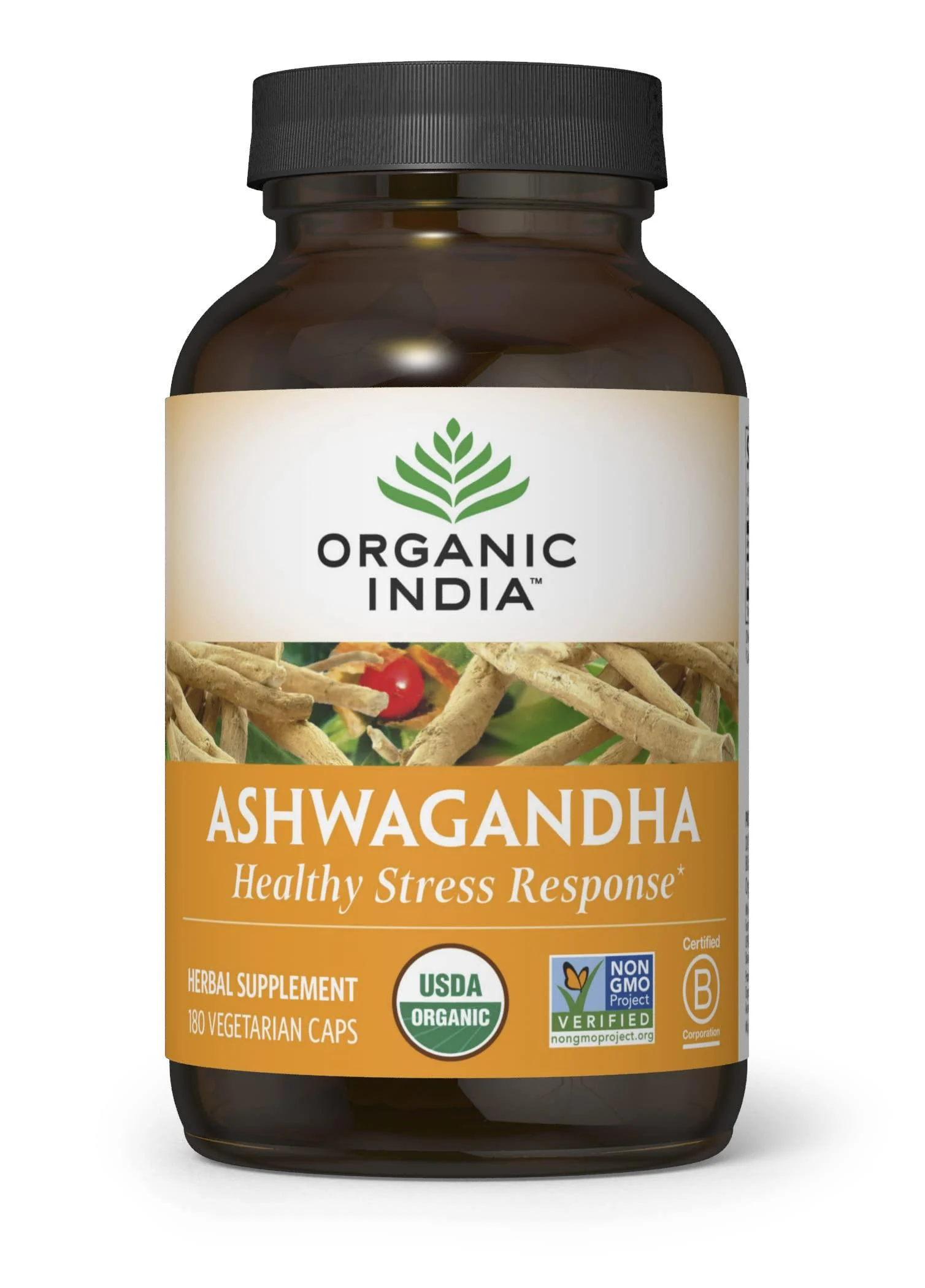 Organic India Ashwagandha Herbal Supplement - Stress Response Support, Vegan, Gluten-Free, Kosher, USDA Certified Organic, Non-GMO, Supports Mood, Endurance, Vitality & Strength - 180 Capsules 180 Count (Pack of 1)