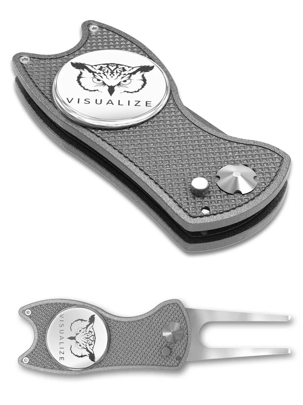 VISUALIZE Premium Golf Divot Repair Tool Kits with Ball Marker- Favorite Golf Gift Sets - Anodized Aluminum Switchblade-Style - Premium Feel & Durability Gun Metal Gray