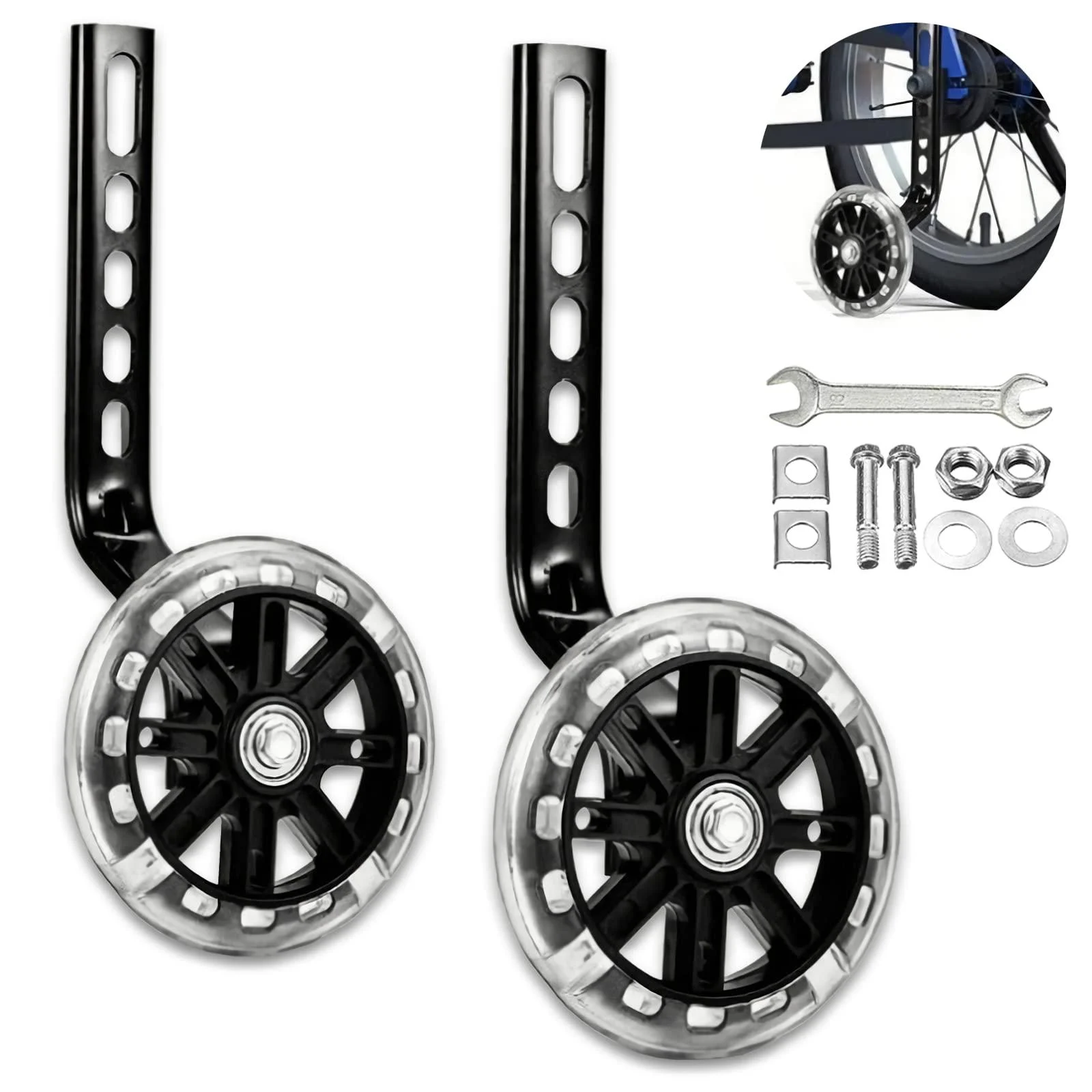 Training Wheels for Kids, Heavy Duty Bicycle Stabiliser Flash Mute Wheel Mounted Kit Compatible for Bikes 12 14 16 18 Black - WAYDA