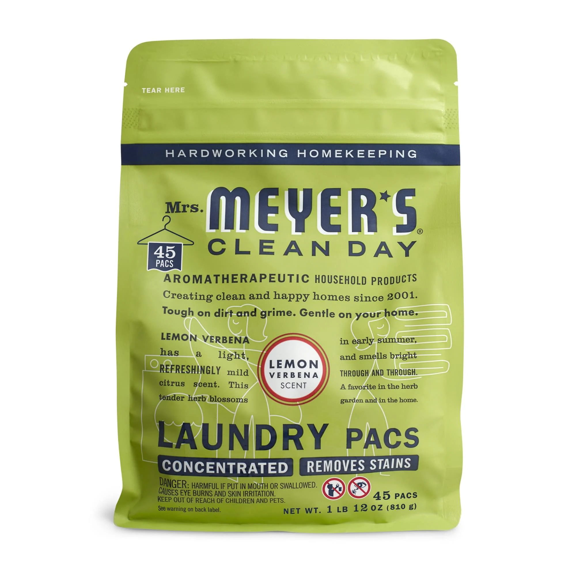 Mrs. Meyer's Laundry Detergent Pods, Biodegradable Formula, Ready to Use Laundry Pacs, Lemon Verbena, 45 Count - MRS. MEYER'S CLEAN DAY