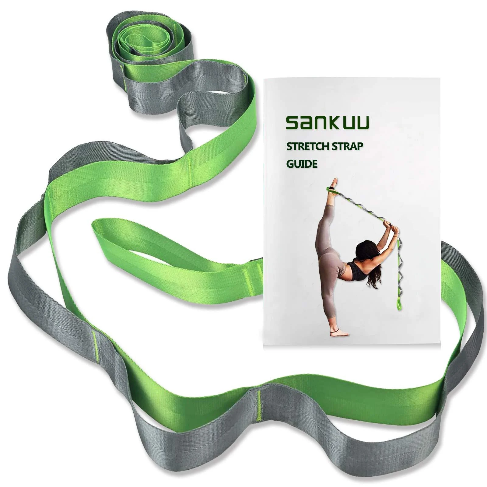 SANKUU Stretching Strap with 12 Loops Workout Poster, Yoga Straps for Stretching Physical Therapy Equipment Non-Elastic Hamstring Stretcher Long Stretch Out Bands for Exercise, Pilates, Dance and Gymnastics for Women Men green