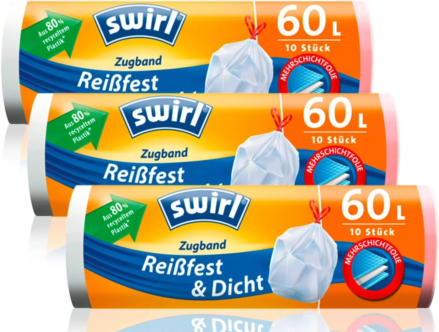 Swirl tear-resistant & leak-proof drawstring garbage bags multipack 3x 60l/10 bags white 10 pieces (pack of 3)