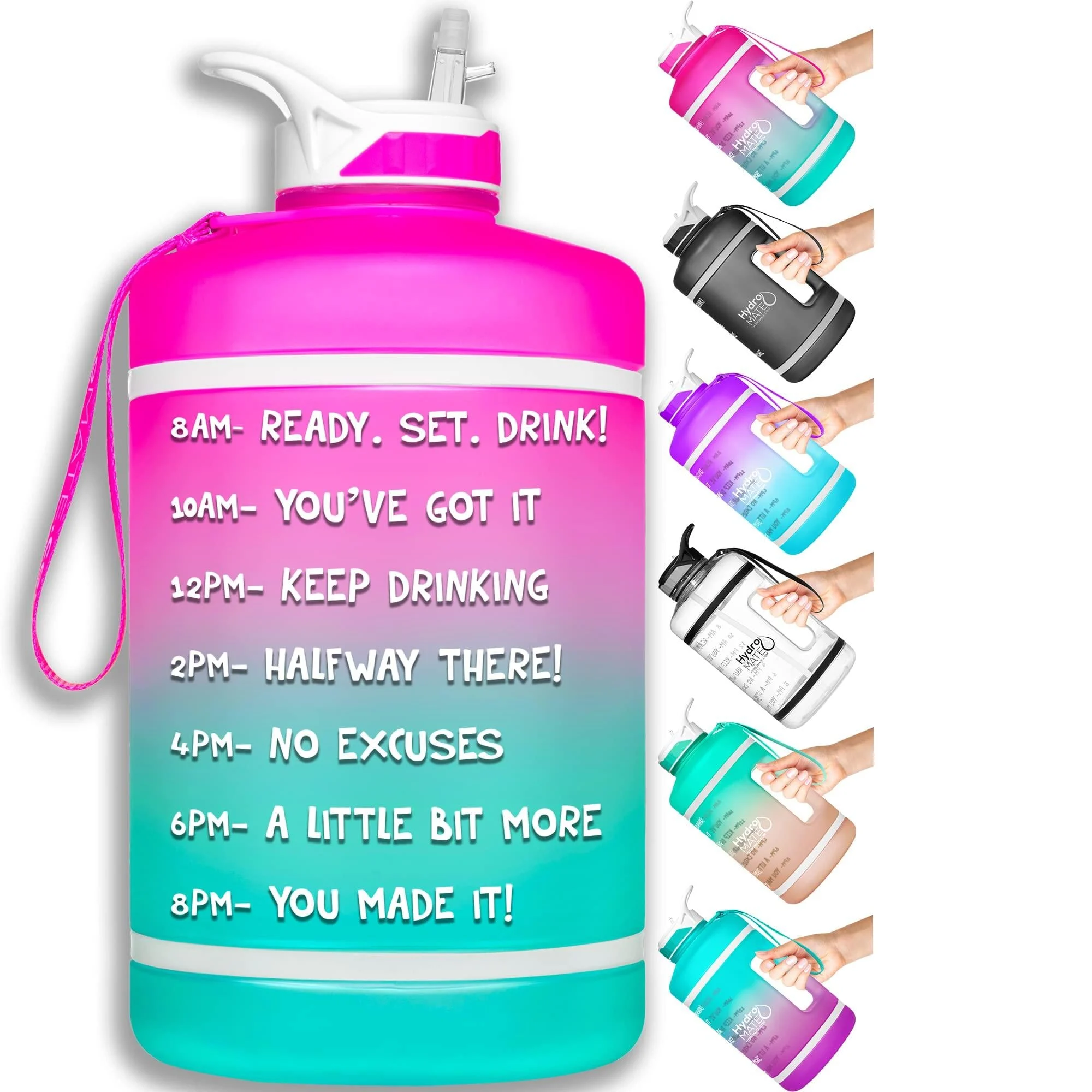 NatureWorks HydroMATE Gallon Water Bottle with Straw BPA FREE Leak Proof Reusable Water Bottle with Times to Drink Marked Hourly 128 oz Pink Ombre