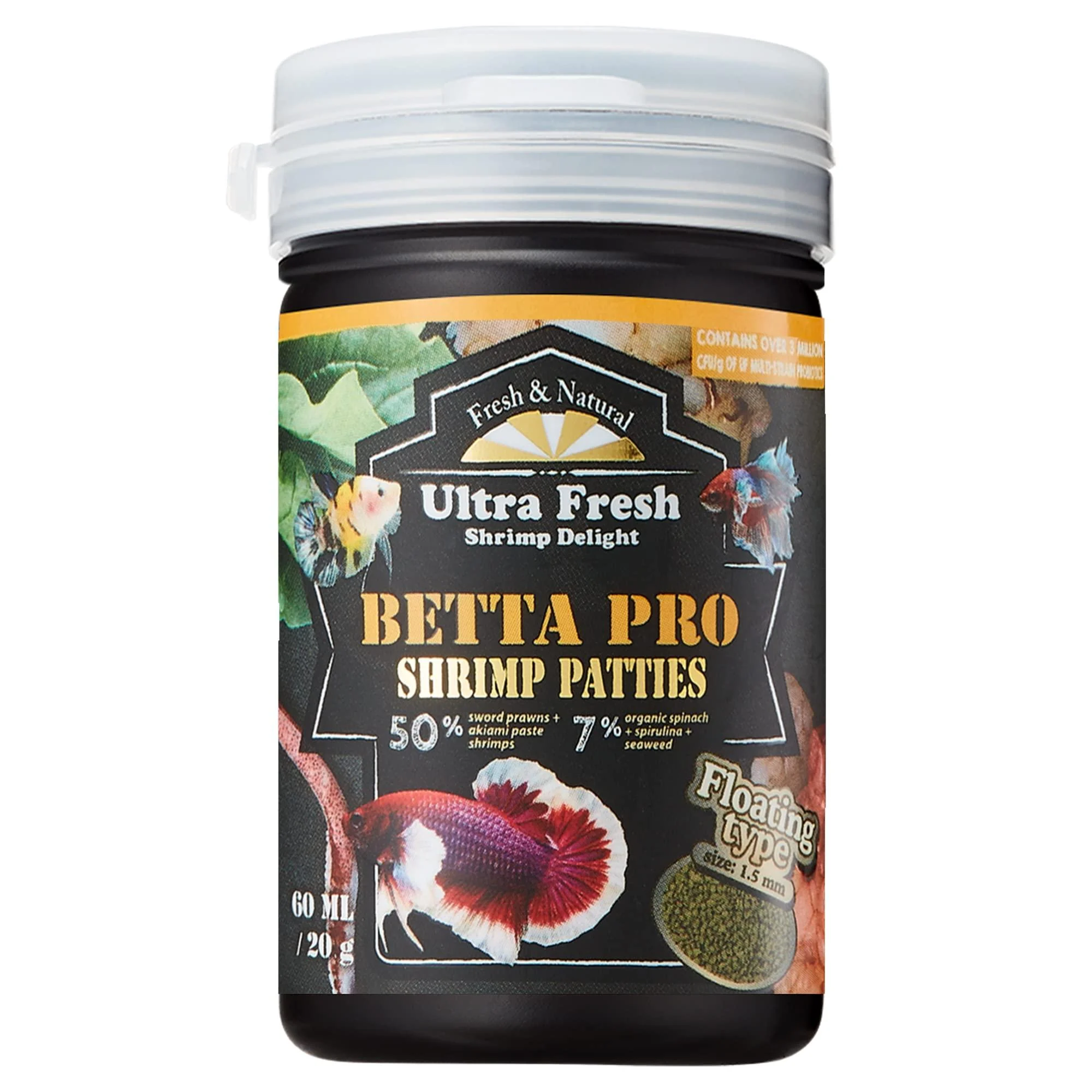 Ultra Fresh Betta Fish Food, Betta Pro Shrimp Patties, 50% Sword Prawns + Akiami Paste Shrimps, All Natural Protein, Rich in Calcium, for Betta's Healthy Development and Cleaner Water 0.70 Ounce (Pack of 1)