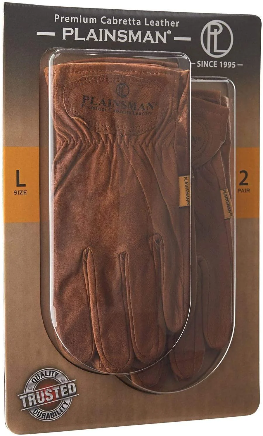 Plainsman Premium Cabretta Brown Leather Gloves, 2 Pairs, Large