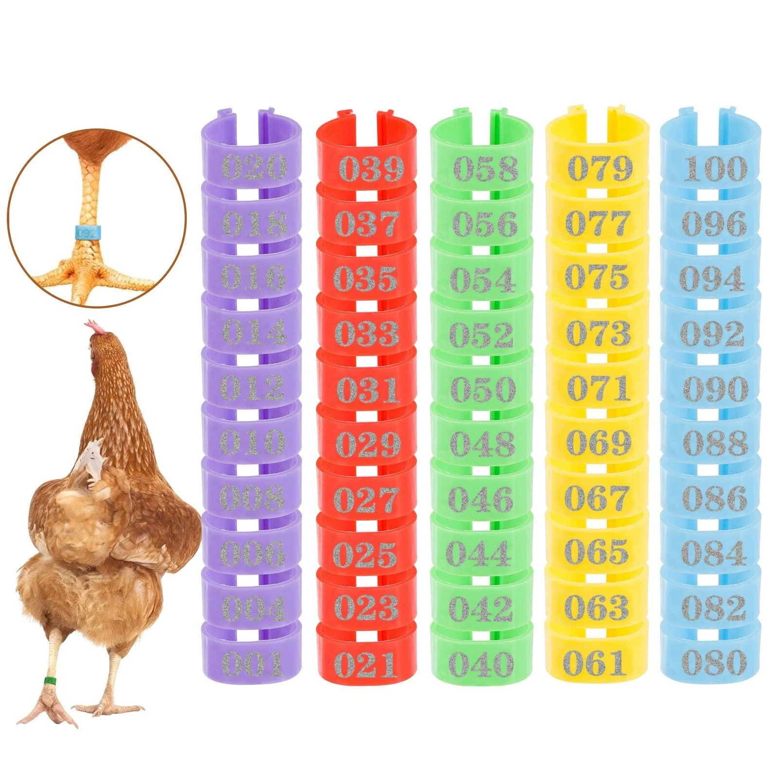 MEWTOGO 100Pcs Chicken Birds Leg Rings- Colorful Numbered Chicken Birds Identification Leg Bands Poultry Leg Bands Clip on Leg Rings for Pigeons Lovebird Coturnix Quail Chicken Goose Gamefowl Turkey 16mm
