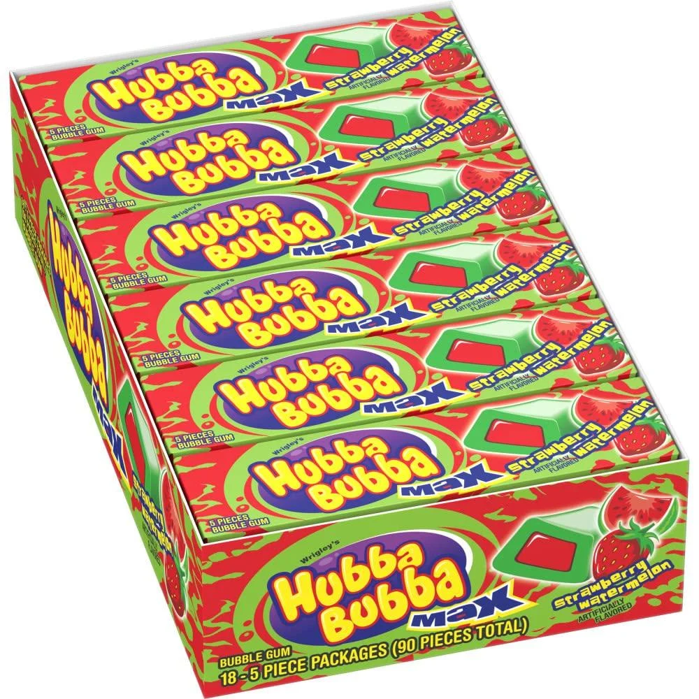 (18 Pack) HUBBA BUBBA Max Bubble Gum Strawberry Watermelon Flavored Chewing Gum, 5 Piece Strawberry Watermelon 5 Count (Pack of 18) - Hubba Bubba Gum