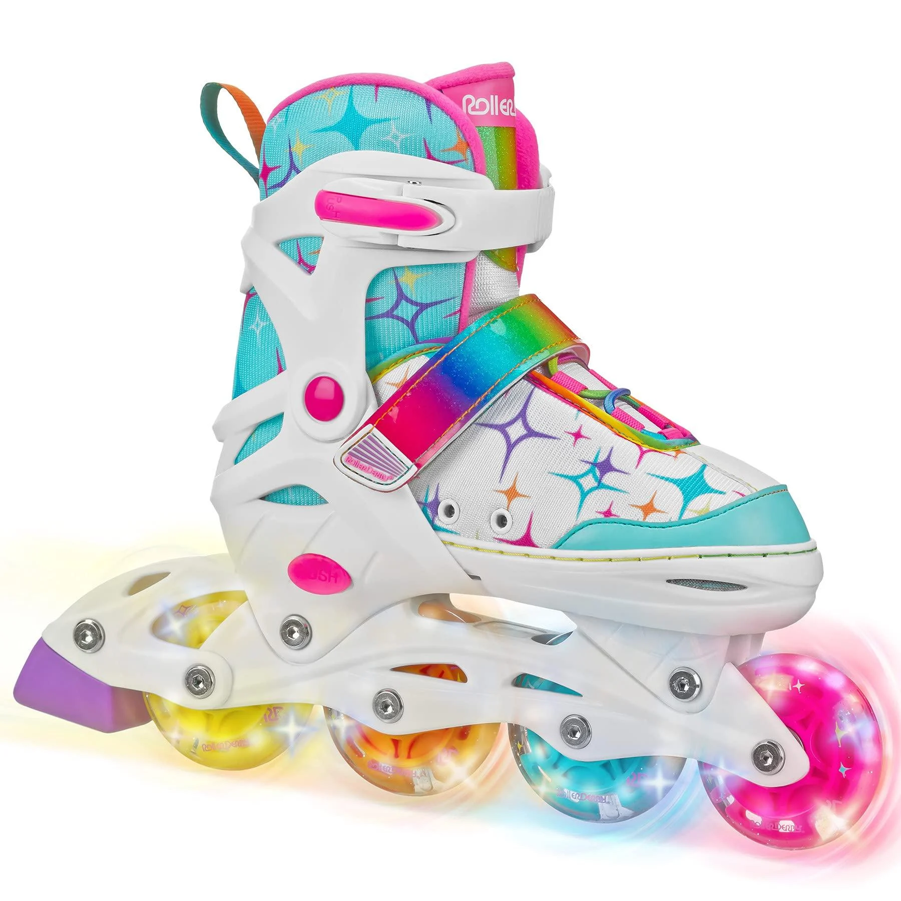 Stryde Adjustable Youth Inline Skates with Light Up Wheels Medium White/Teal - Roller Derby