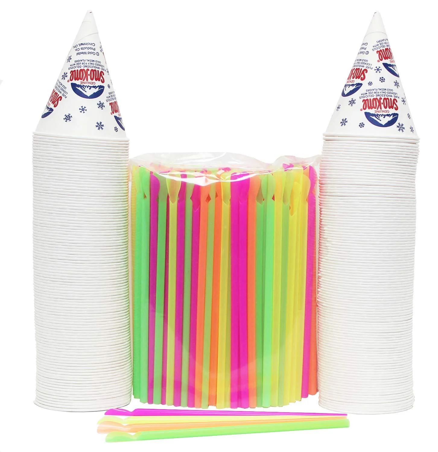 200 Snow Cone Cups 6 Oz and 200 Spoon Straws 400 Piece Set - Concession Express