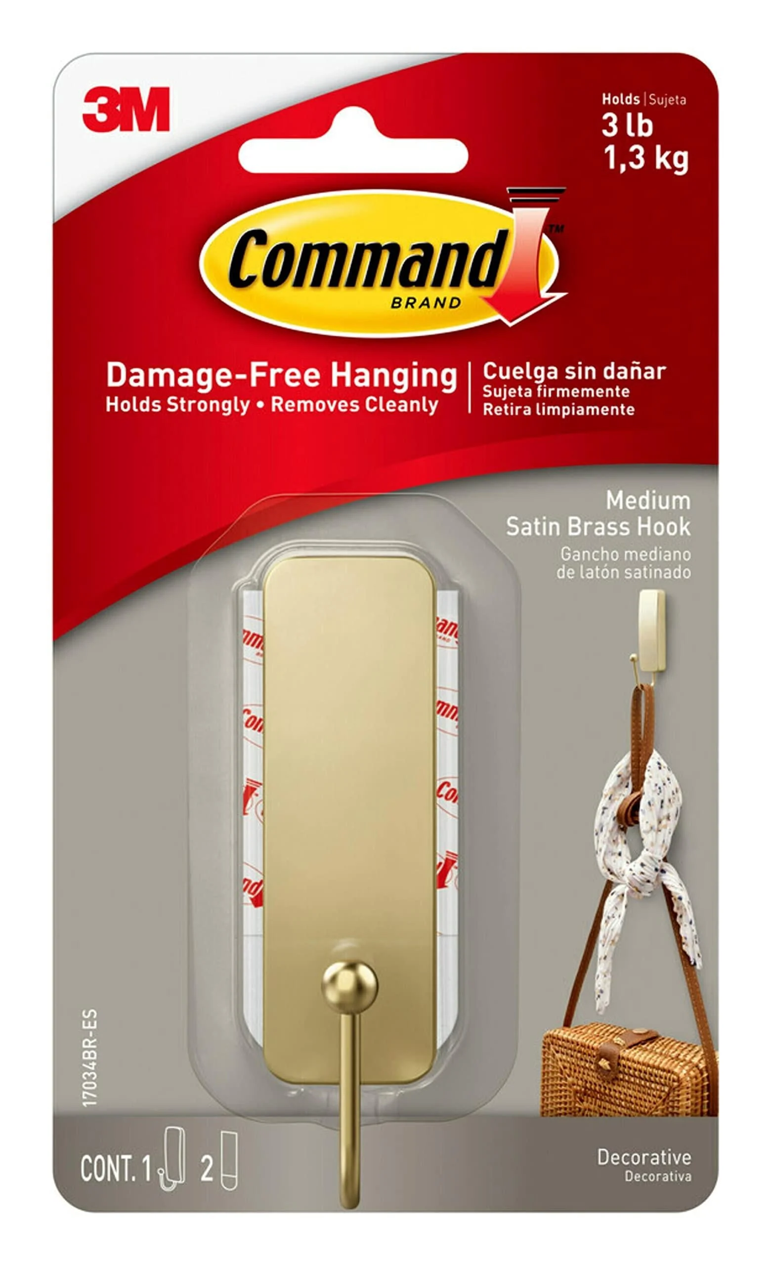 Command Medium Decorative Damage Free Hanging Wall Hooks with Adhesive Strips No Tools Wall Hooks for Hanging Decorations in Living Spaces 1 Satin Brass Hook and 2 Command Strips