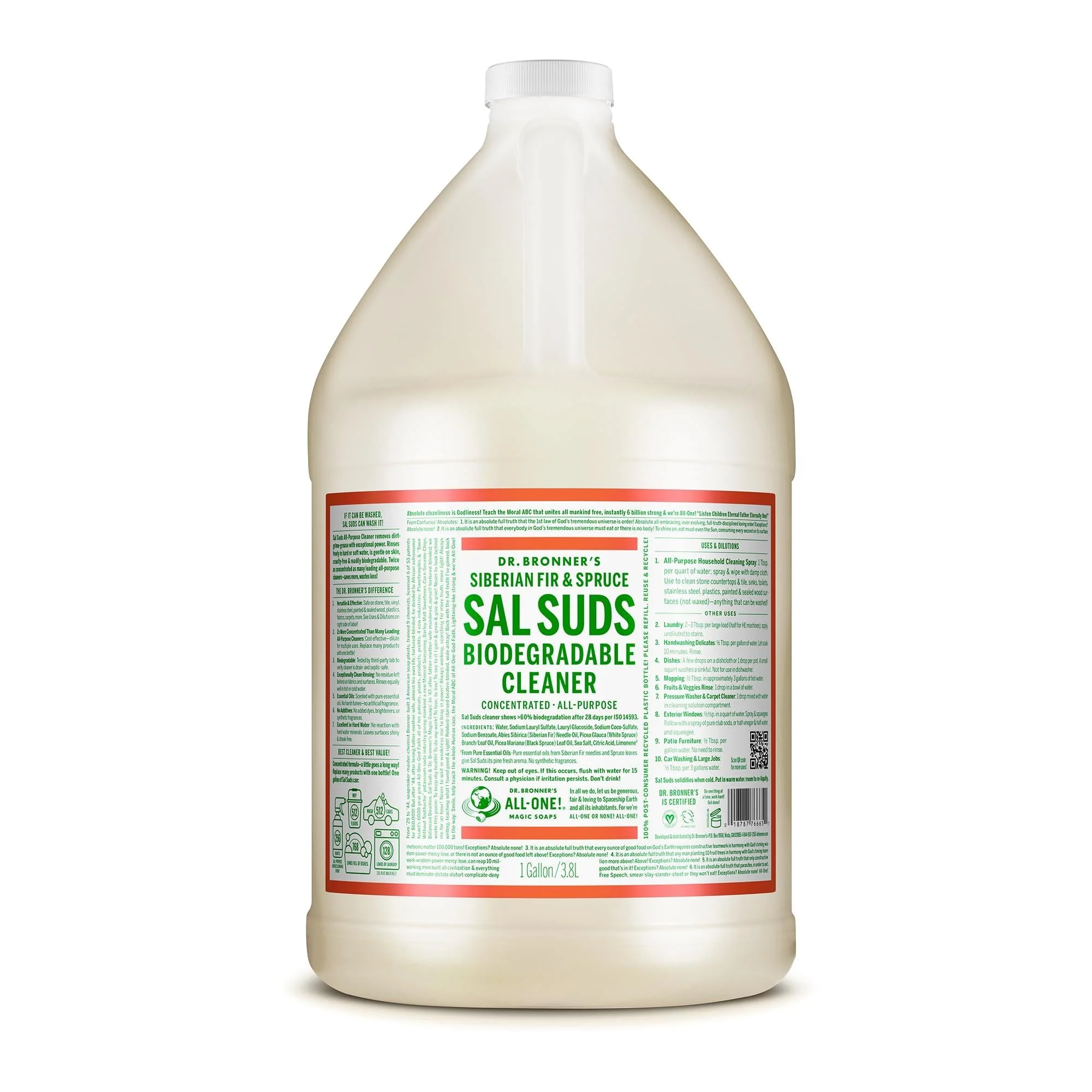 Dr. Bronner's - Sal Suds Biodegradable Cleaner (1 Gallon) - All-Purpose Cleaner Pine Cleaner for Floors Laundry and Dishes Concentrated Cuts Grease and Dirt Powerful Cleaner Pine 128 Fl Oz (Pack of 1)