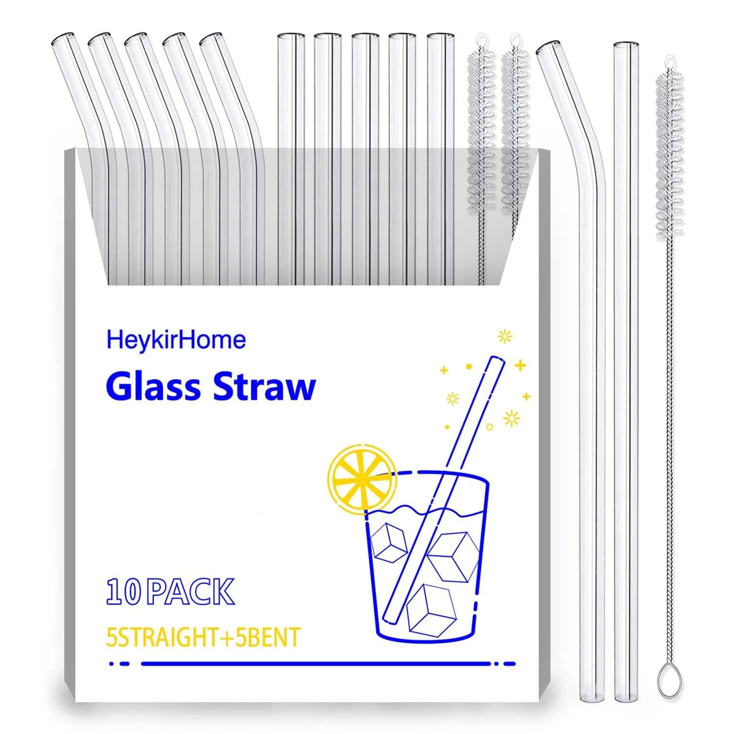 HeykirHome 10-Pack Disposable Glass Straw,Size 8.5''x10 MM,Including 5 Straight and 5 Bent with 2 Cleaning Brush- Perfect For Smoothies, Tea, Juice 10Pack+2Brushes