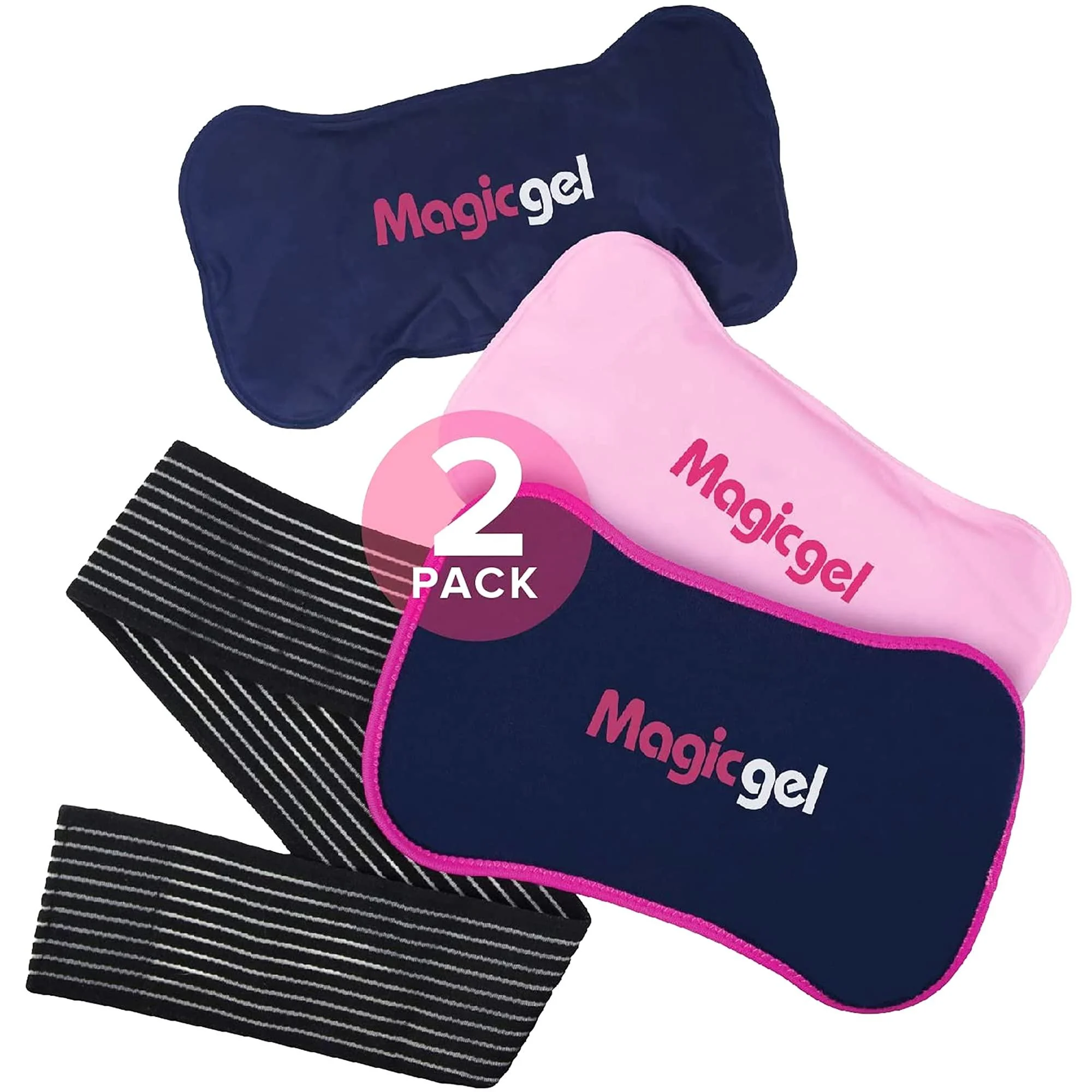 2 x Reusable Ice Packs for Injuries with Adjustable Wrap-Around Strap | Soft Gel Ice Pack Set for Pain Relief | Dual Hot and Cold Pack Kit for the Back, Neck, Ankle, Knee, Hip, Arm, & More (Magic Gel)