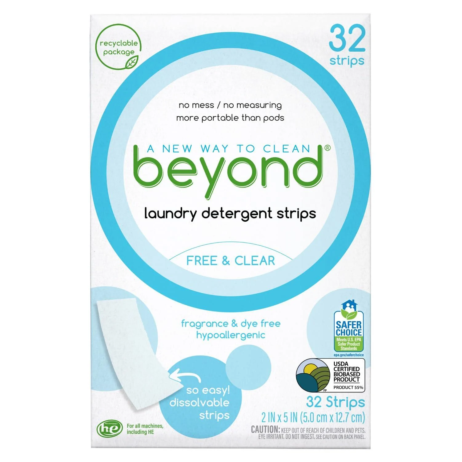 Beyond Laundry Detergent Strips 32 strips - Free & Clear - Eco-friendly Hypoallergenic. Travel friendly. Dissolvable Strips.