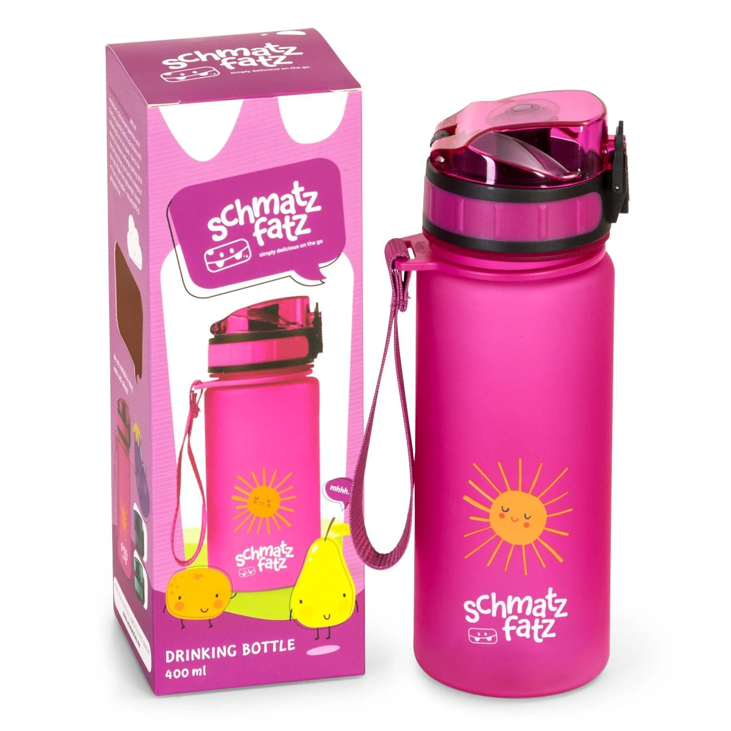 Schmatzfatz children drinking bottle 400ml sports for school kindergarten 1-click closure flavor-neutral water bottle leak-proof with fruit insert bpa-free 400ml purple sun