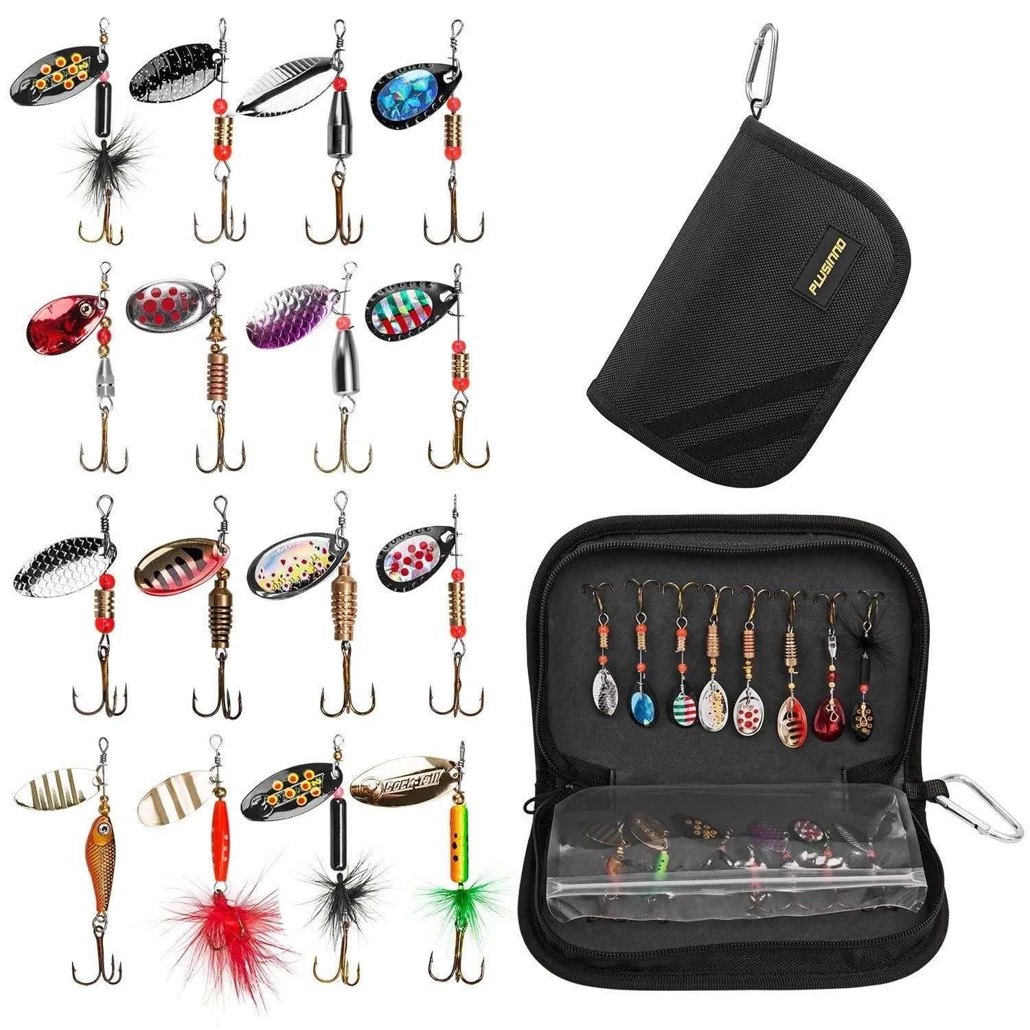 PLUSINNO Fishing Lures for Bass 16pcs Spinner Lures with Portable Carry Bag,Bass Lures Trout Lures Hard Metal Spinner Baits Kit multicolor