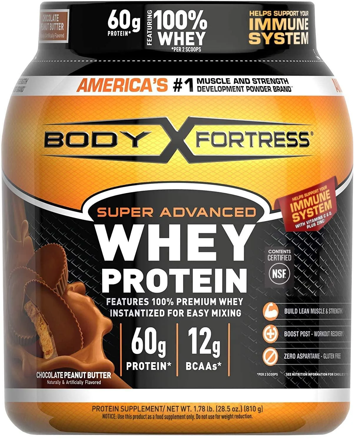 Body Fortress Super Advanced Whey Protein Powder Chocolate Peanut Butter Immune Support (1) Vitamins C & D Plus Zinc 1.78 lbs Chocolate Peanut Butter Chocolate Peanut Butter 1.78 Pound (Pack of 1)