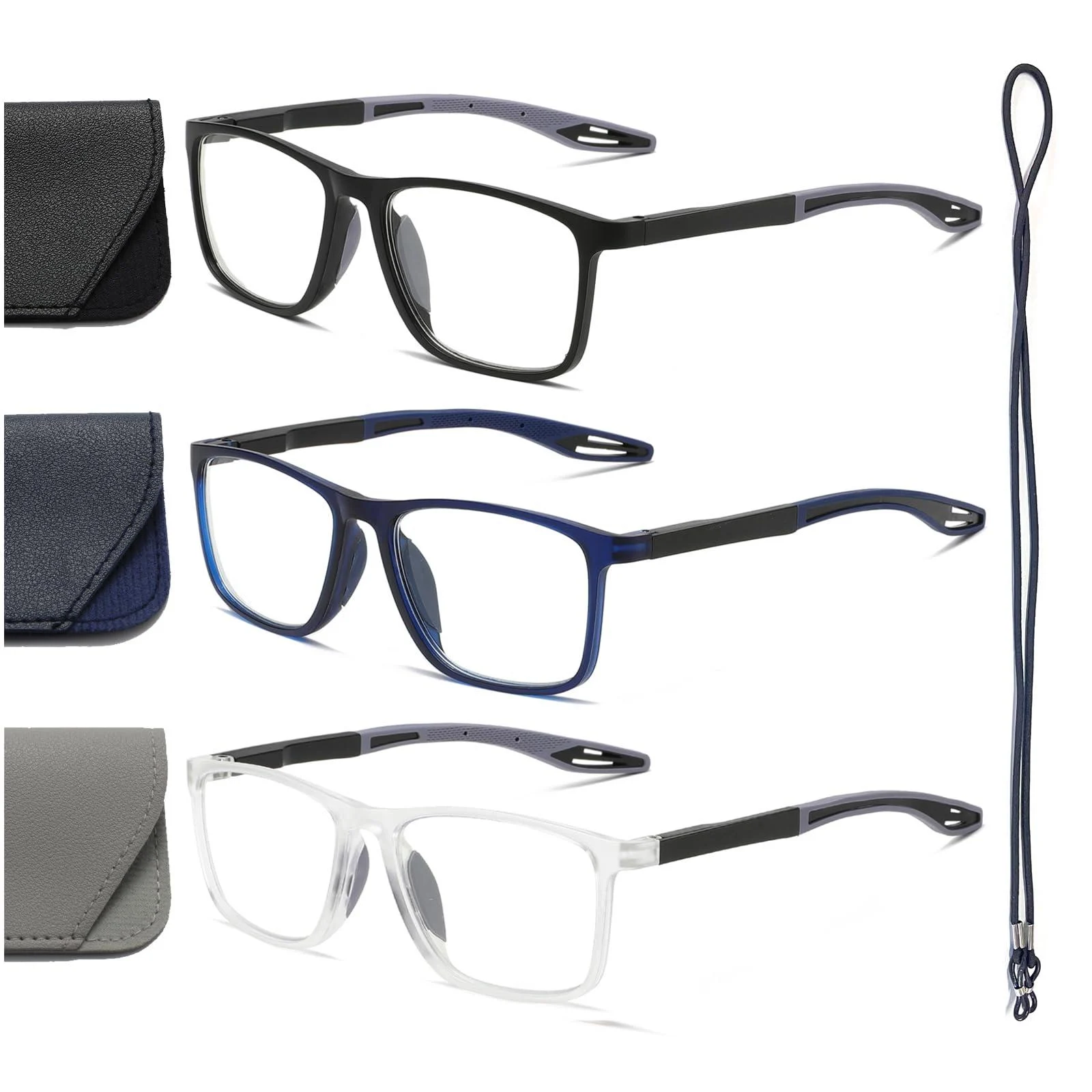 Hubeye 3 Pairs TR90 Sports Glasses for Men and Women Ultralight Flexible Anti-Blue Light Computer glasses Black/Blue/Transparent 0.0 Diopters