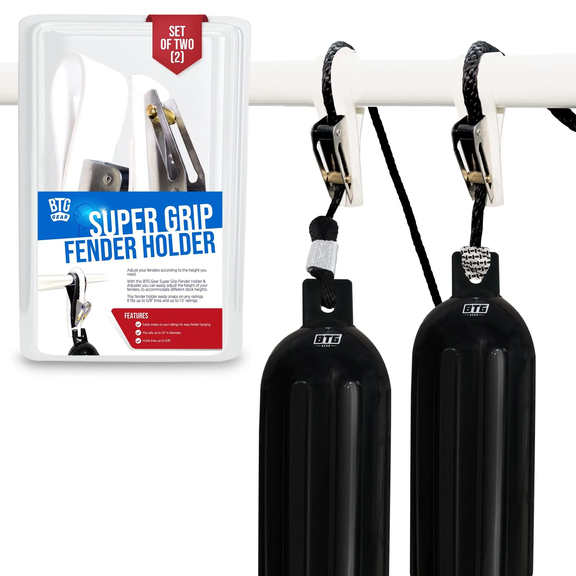 BTG GEAR Set of 2 Boat Fender Holder/Adjuster/Hanger, Clips to Rail for Up to 5/8" Marine Bumper Lines