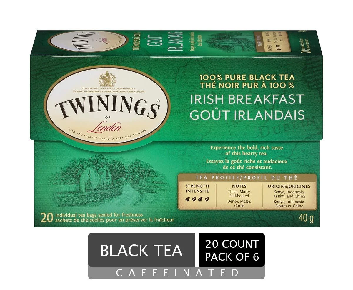 Twinings Irish Breakfast Individually Wrapped Tea Bags | Caffeinated Thick Malty Full-Bodied 100% Black Tea | 20 Count (Pack of 6) | Enjoy Hot or Iced Irish Breakfast 20 Count (Pack of 6)