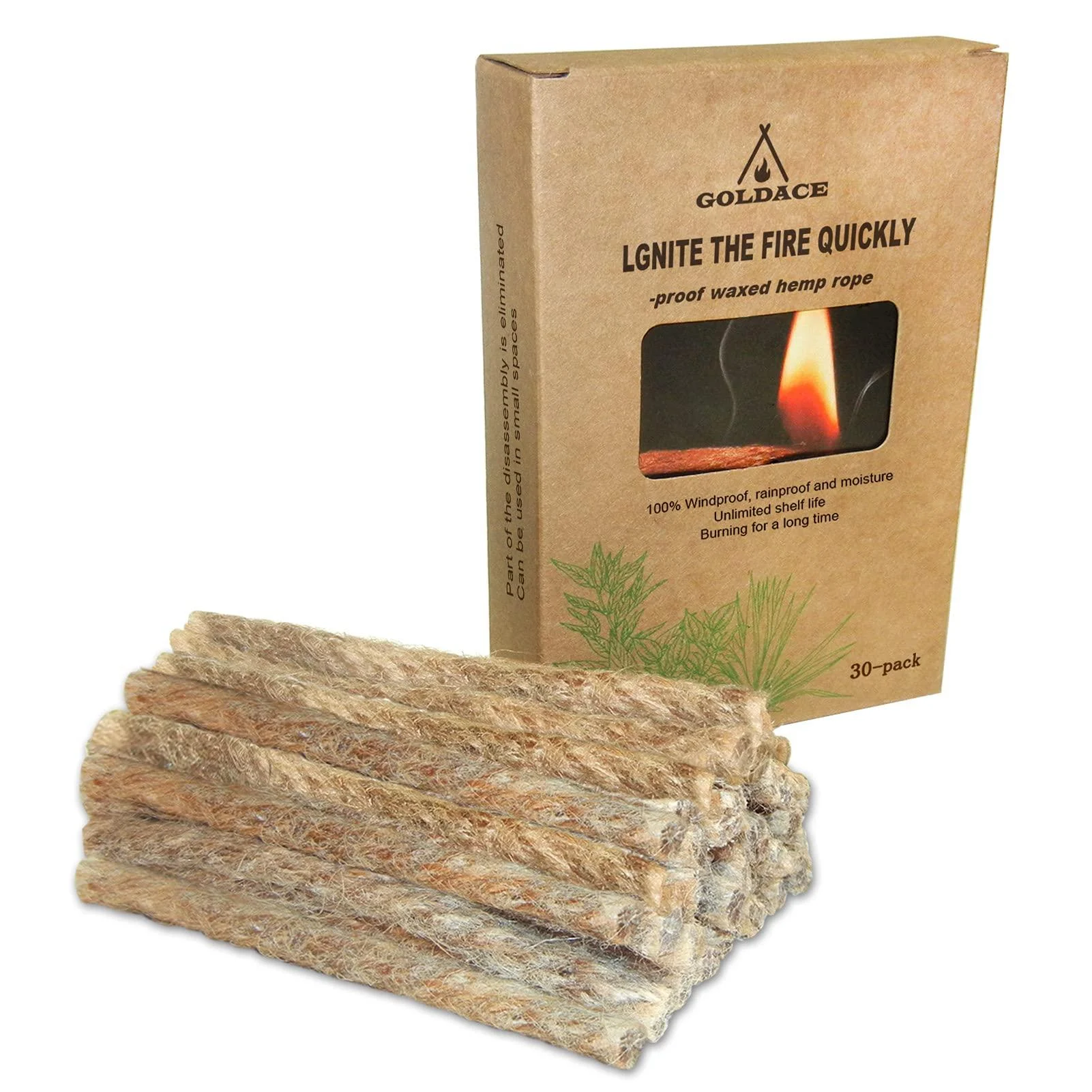 GOLDACE100% Windproof, Rainproof and Moisture- Emergency Survival Tool Kits| Long-Lasting Fire Starters for Campfires| Camping Cooking Kindling Tinder| fire Rope Hemp core| Unlimited Shelf Life thin 4