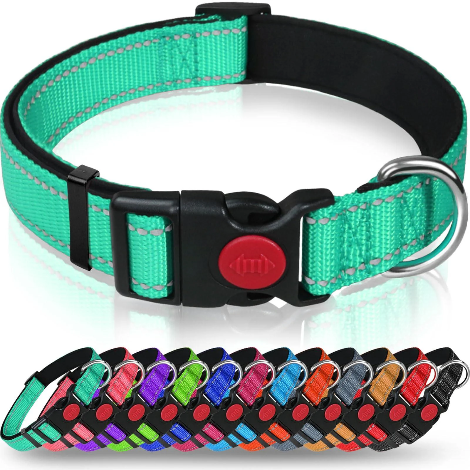 Taglory dog collar soft padded neoprene nylon dog collar for large dogs adjustable and reflective for training turquoise l (1 Pack) turquoise