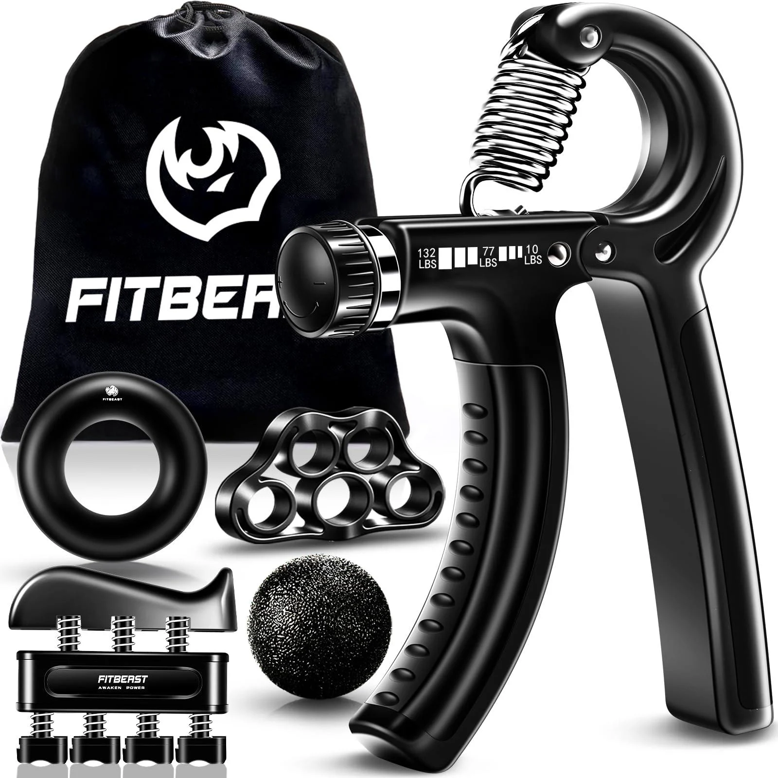 Fitbeast hand trainer finger trainer gripper trainer training set-5-pack adjustable grip trainer finger training device wrist trainer training ring & stress relief ball black
