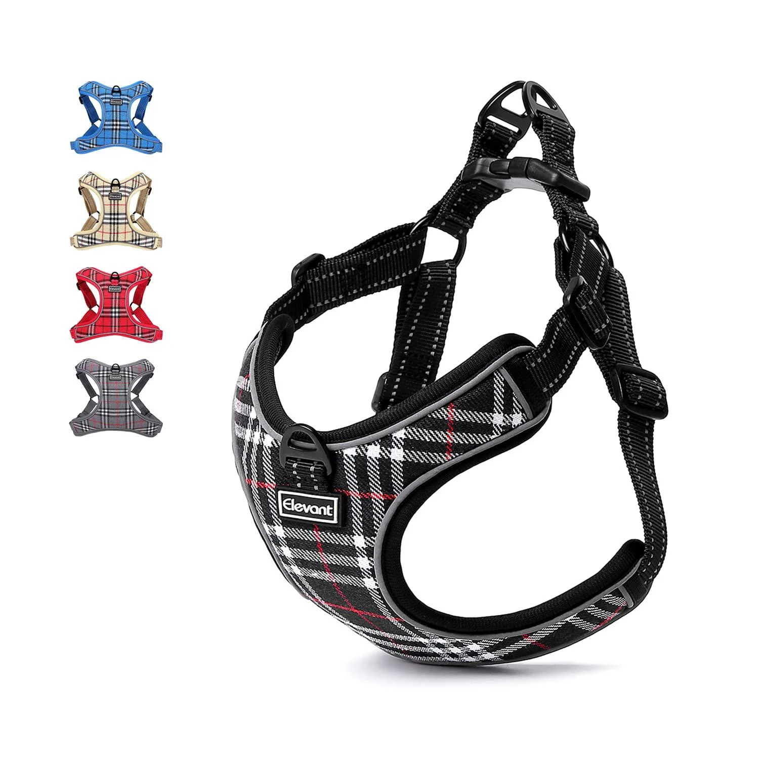Elevant Dog Harness Adjustable Step-in Reflective Breathable Harness Soft Padded Lightweight Vest Harness with Front Clip Escape Proof Easy Control for Outdoor Walking Training (M Black Plaid) M Black Plaid