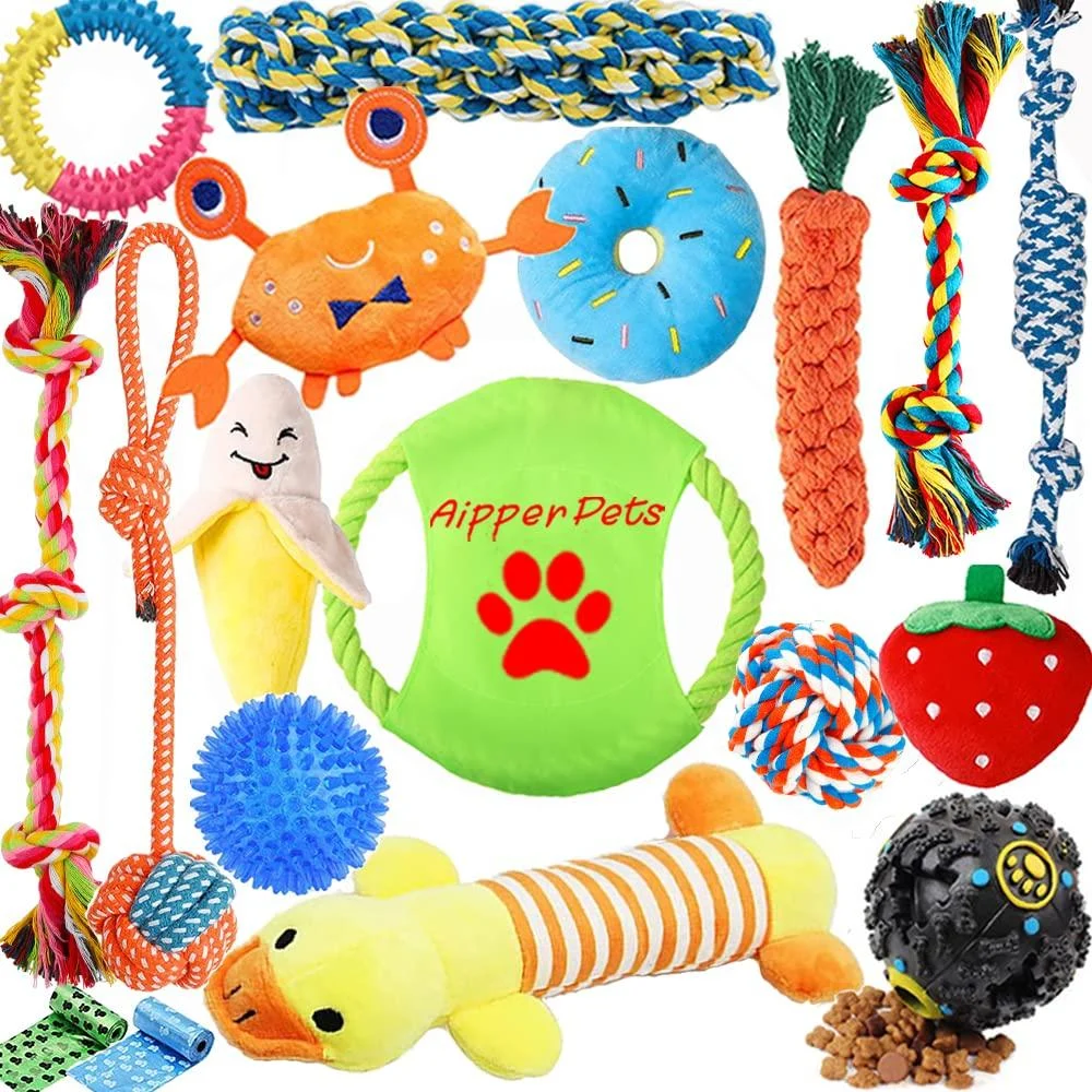 Aipper Dog Puppy Toys 18 Pack, Puppy Chew Toys for Fun and Teeth Cleaning, Dog Squeak Toys, IQ Treat Ball, Tug of War Toys, Puppy Teething Toys, Dog rope toys pack for Medium to Small Dogs Assorted Colors