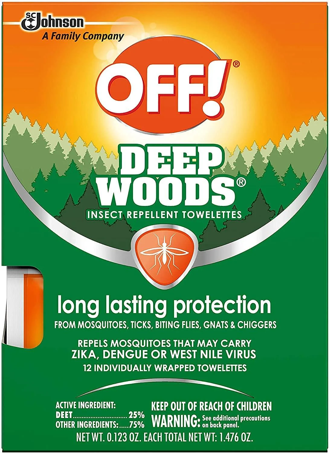 OFF! Deep Woods Mosquito and Insect Repellent Wipes, Long lasting, 12 Individually Wrapped Wipes