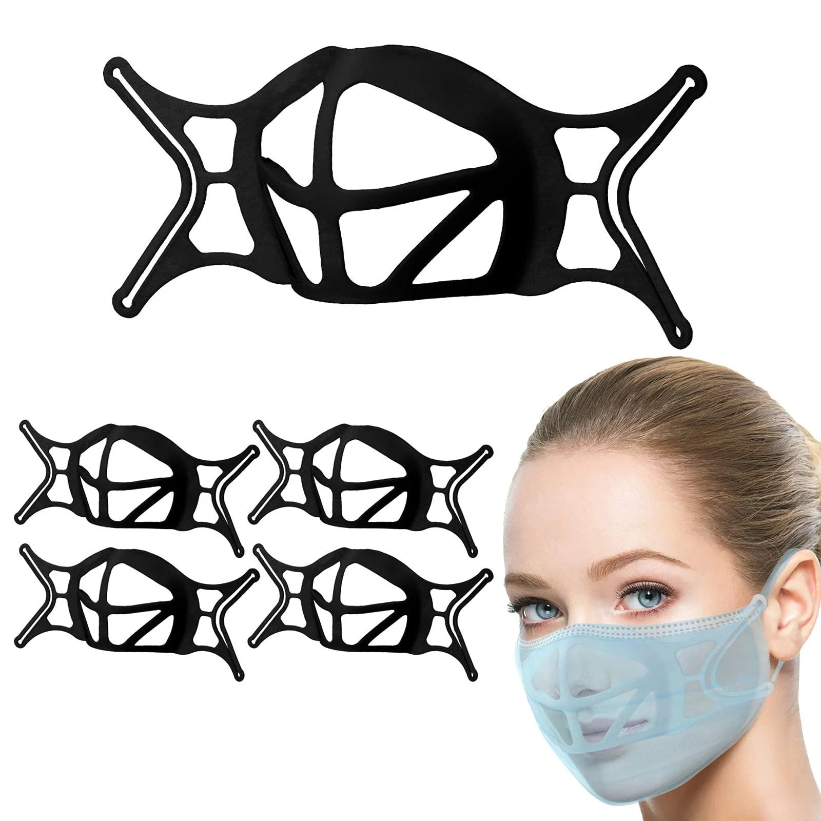 Upgraded 3D Silicone Face Mask Bracket with Earloops,Breathe Cup Turtle Shape,Cool Insert for More Breathing Room,Inner Support Frame,Breathable Spacer Keep Fabric Off,Lipstick Protector(Black,5PCS) 5PCS Black - BESTPOS