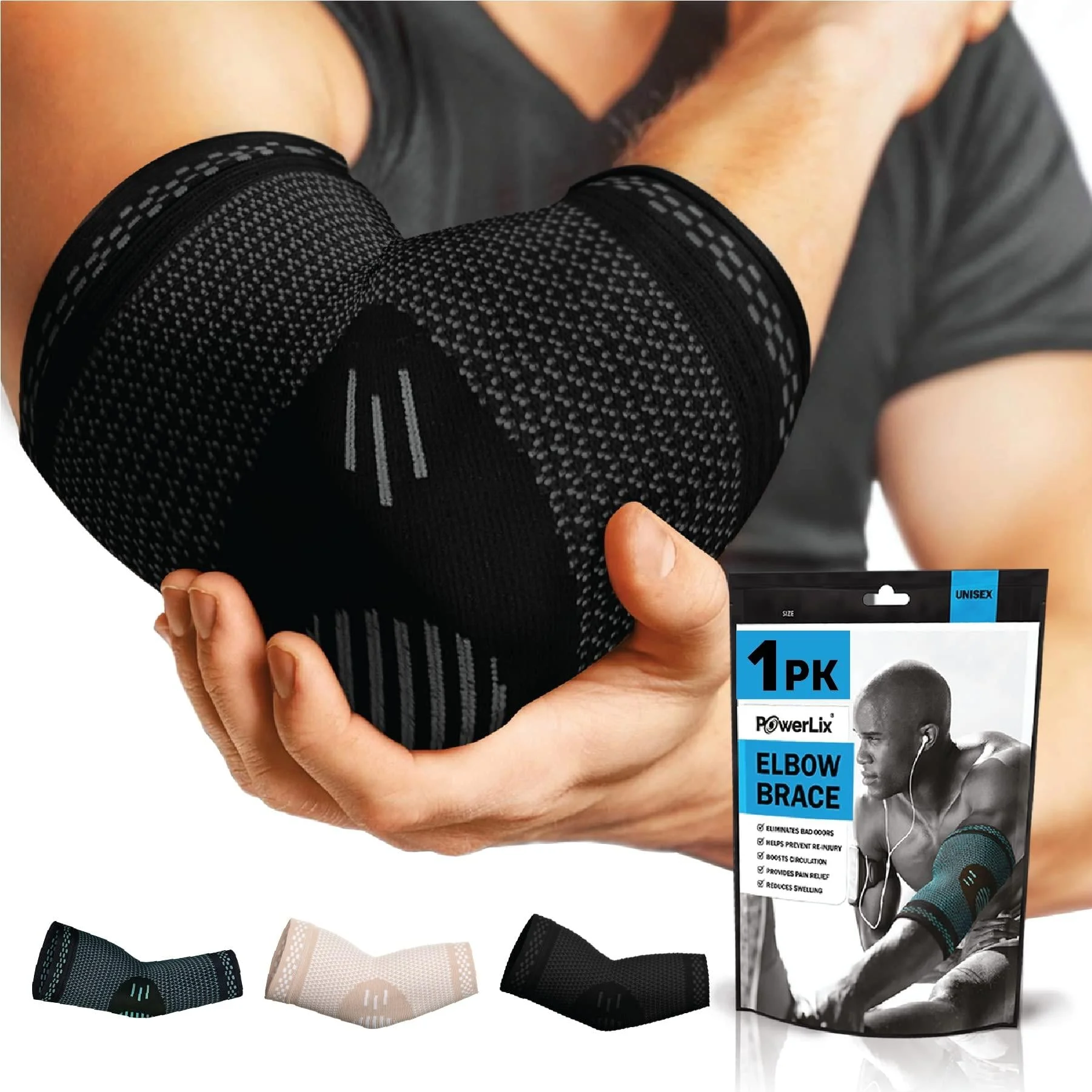 POWERLIX Elbow Brace Compression Support - Elbow Sleeve for Tendonitis Tennis Elbow Brace and Golfers Elbow Treatment Arthritis Workouts Weightlifting Reduce Elbow Pain (Black M) Medium Black