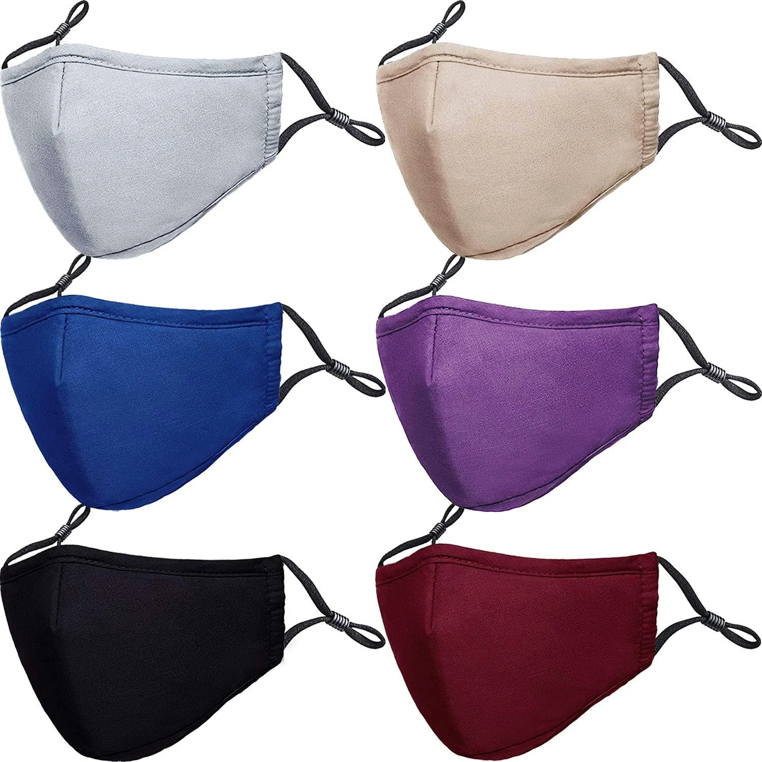 PAGE ONE Reusable Cloth Face Masks Washable Adjustable Breathable Cotton Face Mask for Women Men/6PC Black Navy Gray Wine Red Purple Khaki