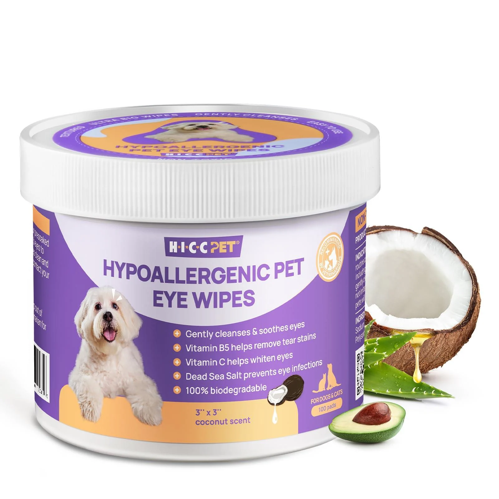 HICC PET Eyes Wipes for Dogs & Cats - Gently Remove Tear Stain Eye Debris Discharge Mucus Secretions - Coconut Oil Pet Cleaning Grooming Deodorizing Wipes for Eyes Wrinkle Face - 100pcs Coconut Scent 100 count