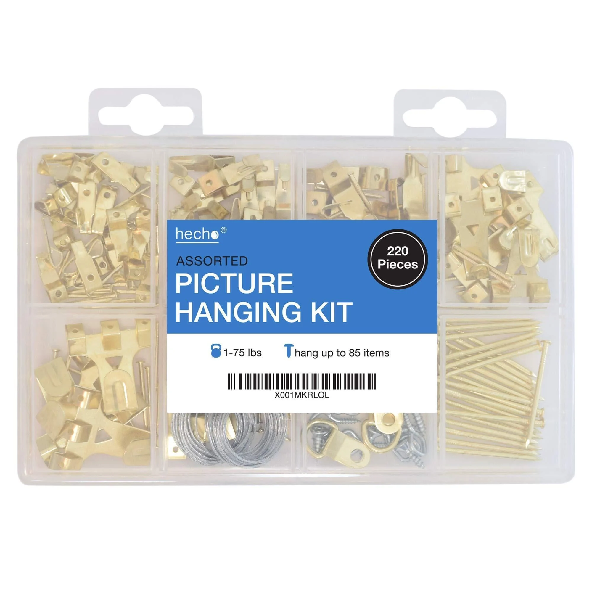 Assorted Picture Hanging Kit | 220 Piece Assortment with Wire, Picture Hangers, Hooks, Nails and Hardware for Frames - hecho