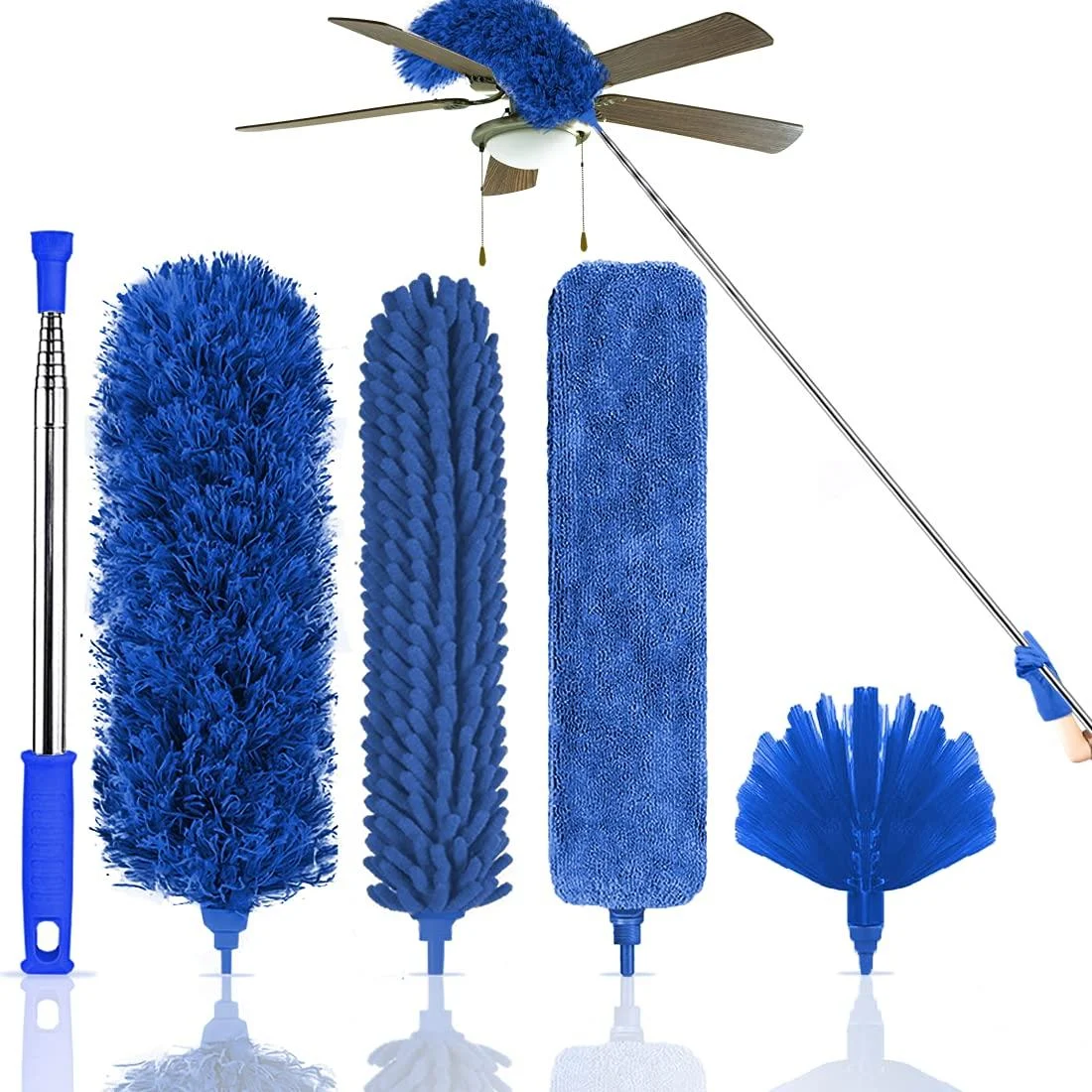 Microfiber Feather Duster, 5PCS Washable Cobweb Dusters for Cleaning Kit with 100" Extension Long Pole, Bendable Telescopic Duster for High Ceiling Fan, Blinds, Furniture & Cars Blue - Kelursien