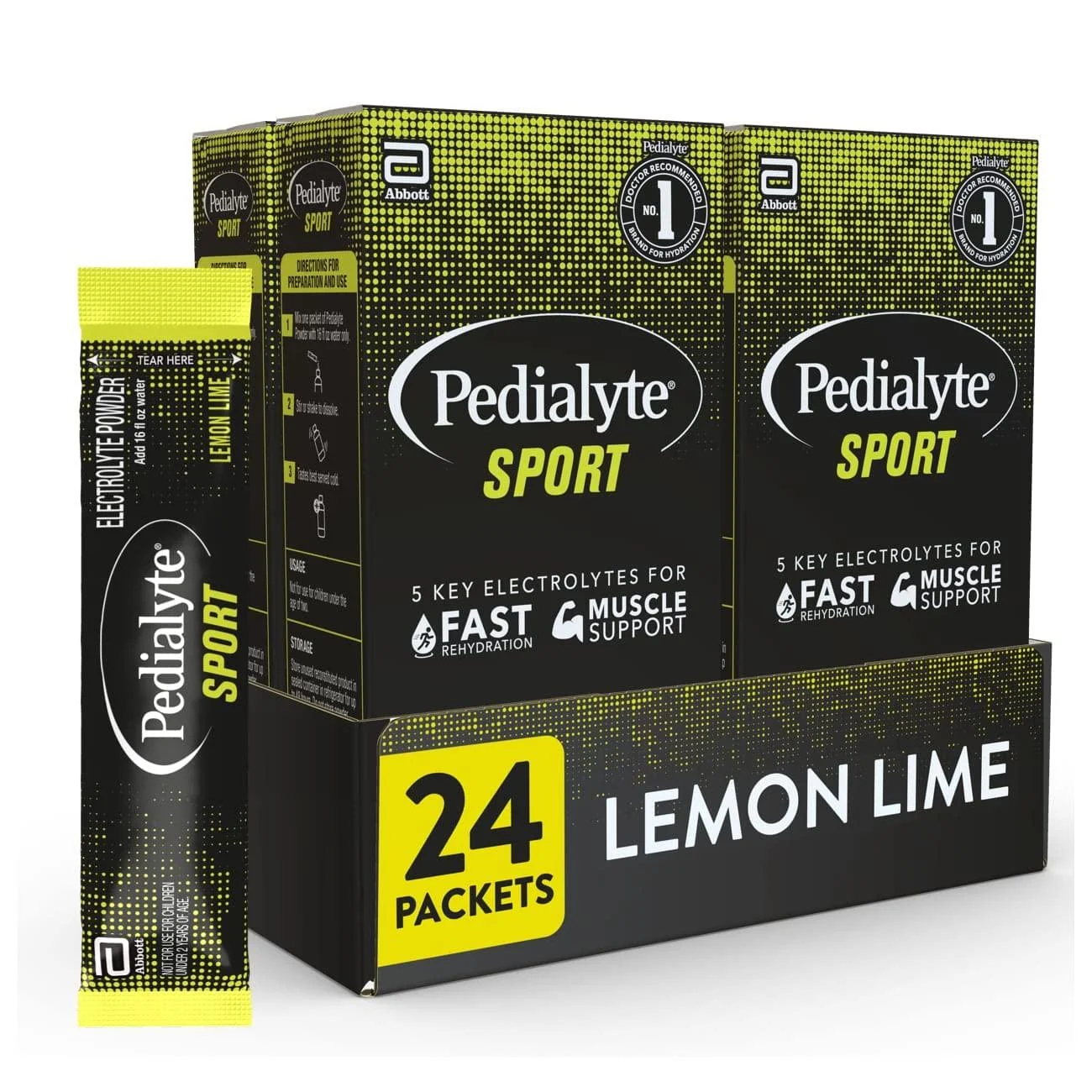 Pedialyte Sport Electrolyte Powder, Fast Hydration with 5 Key Electrolytes for Muscle Support Before, During, & After Exercise, Lemon Lime, 0.49-oz Packets (24 Count) Lemon Lime 24 Count (Pack of 1)