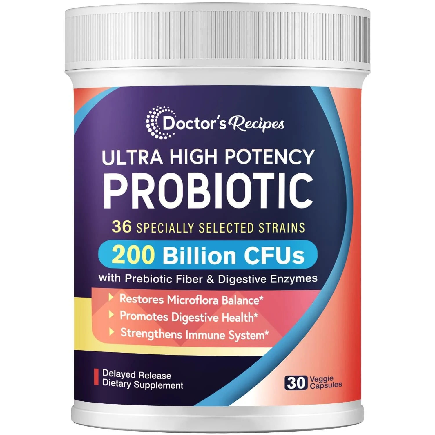 Probiotics for Women and Men, 200 Billion CFU 36 Strains, with Prebiotic Fiber & Enzymes, Restores Microflora Balance, Shelf Stable, Delayed Release, Ultra High Potency, No Soy Gluten Dairy, 30 Caps - Doctor's Recipes
