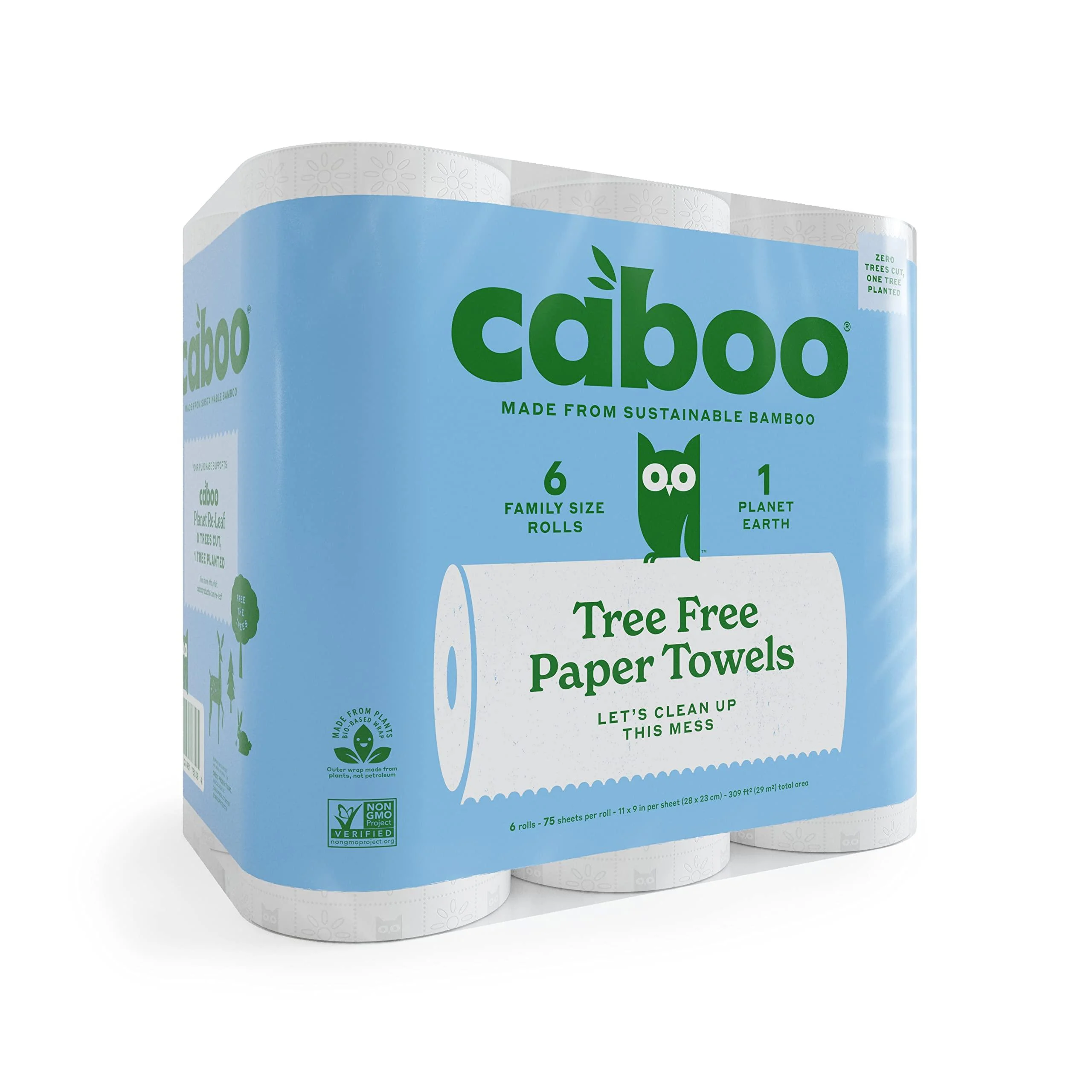 Caboo Tree Free Bamboo Paper Towels, 6 Rolls, Earth Friendly Sustainable Kitchen Paper Towels with Strong 2 Ply Sheets 6 Count (Pack of 1)