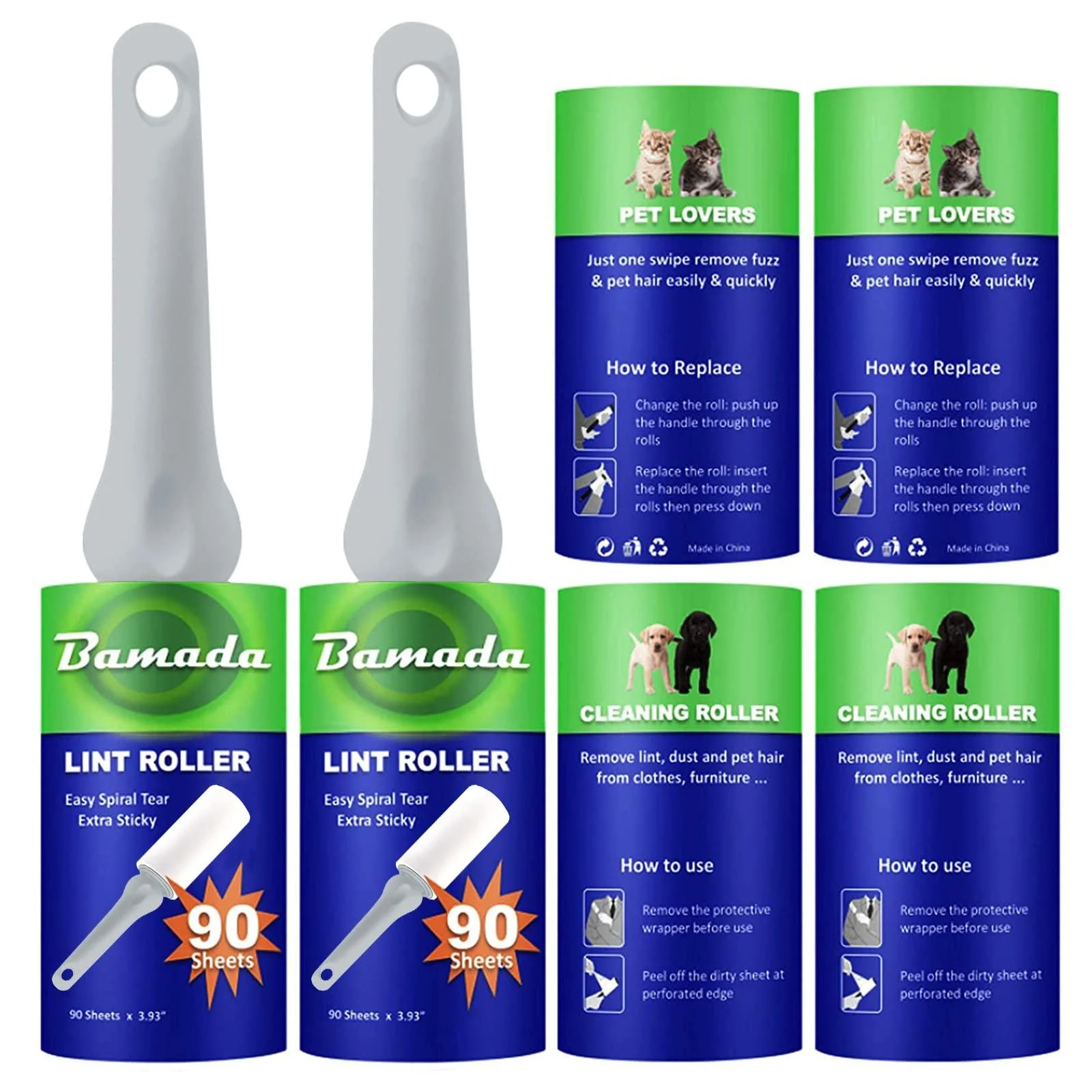 Lint Rollers for Pet Hair Extra Sticky Lint Roller for Clothes Couches Sweater pet Hair Remover Remove Cat & Dog Hair 2 Handles+6 Roller Refills Pack 90 Sheets/Roller 540 Sheets - Bamada