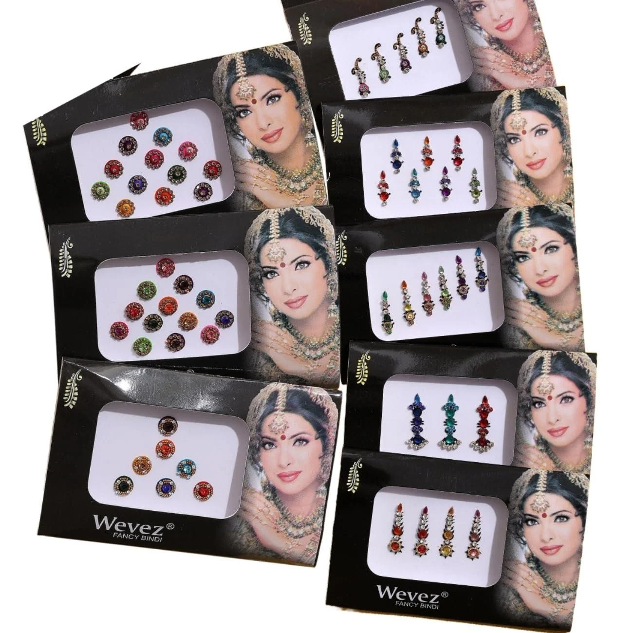 Pack of 6 Multi Color Long Rhinestone Body Glitters Reusable Bindi - Wevez